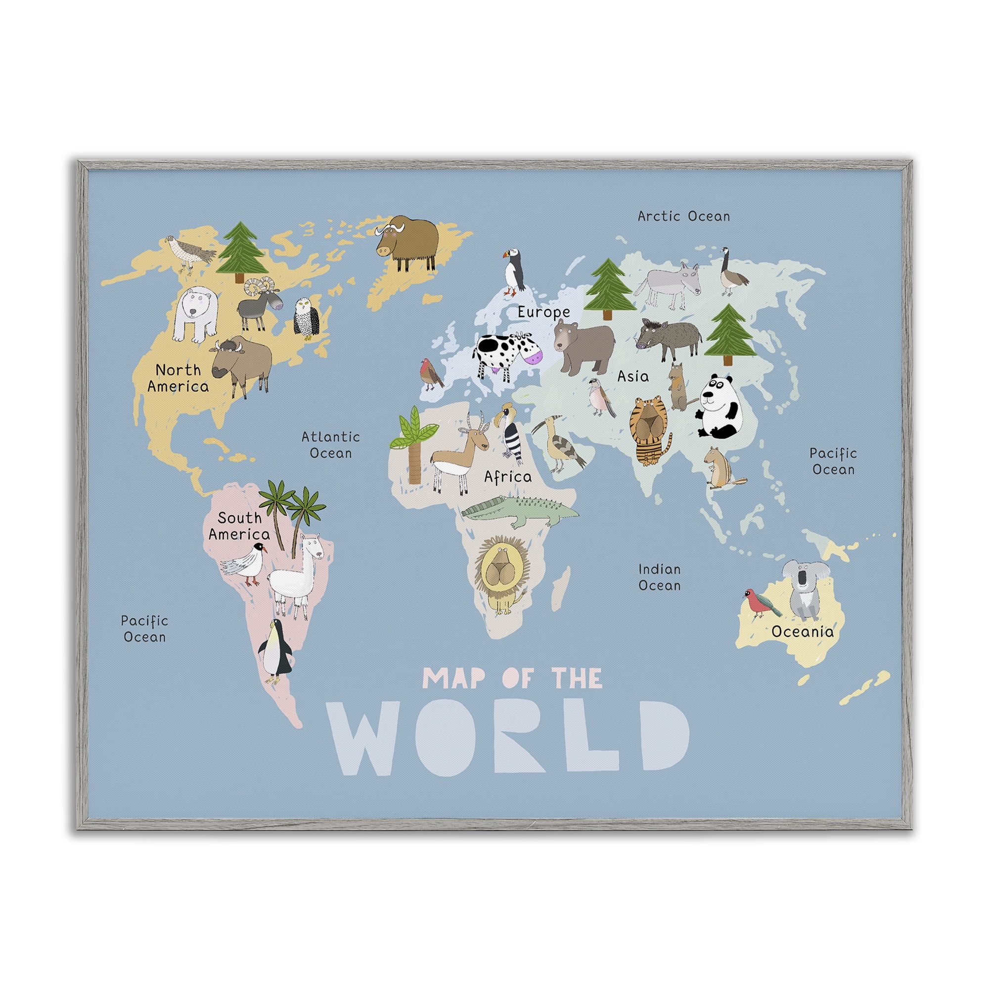 Kid's Map Of World Blue Gray Framed Giclee Art, design by Carla Daly