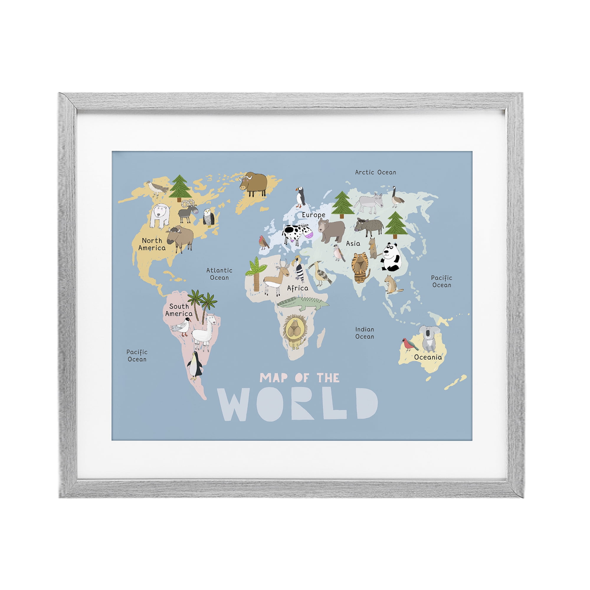 Kid's Map Of World Blue Gray Framed Print Under Glass, design by Carla Daly