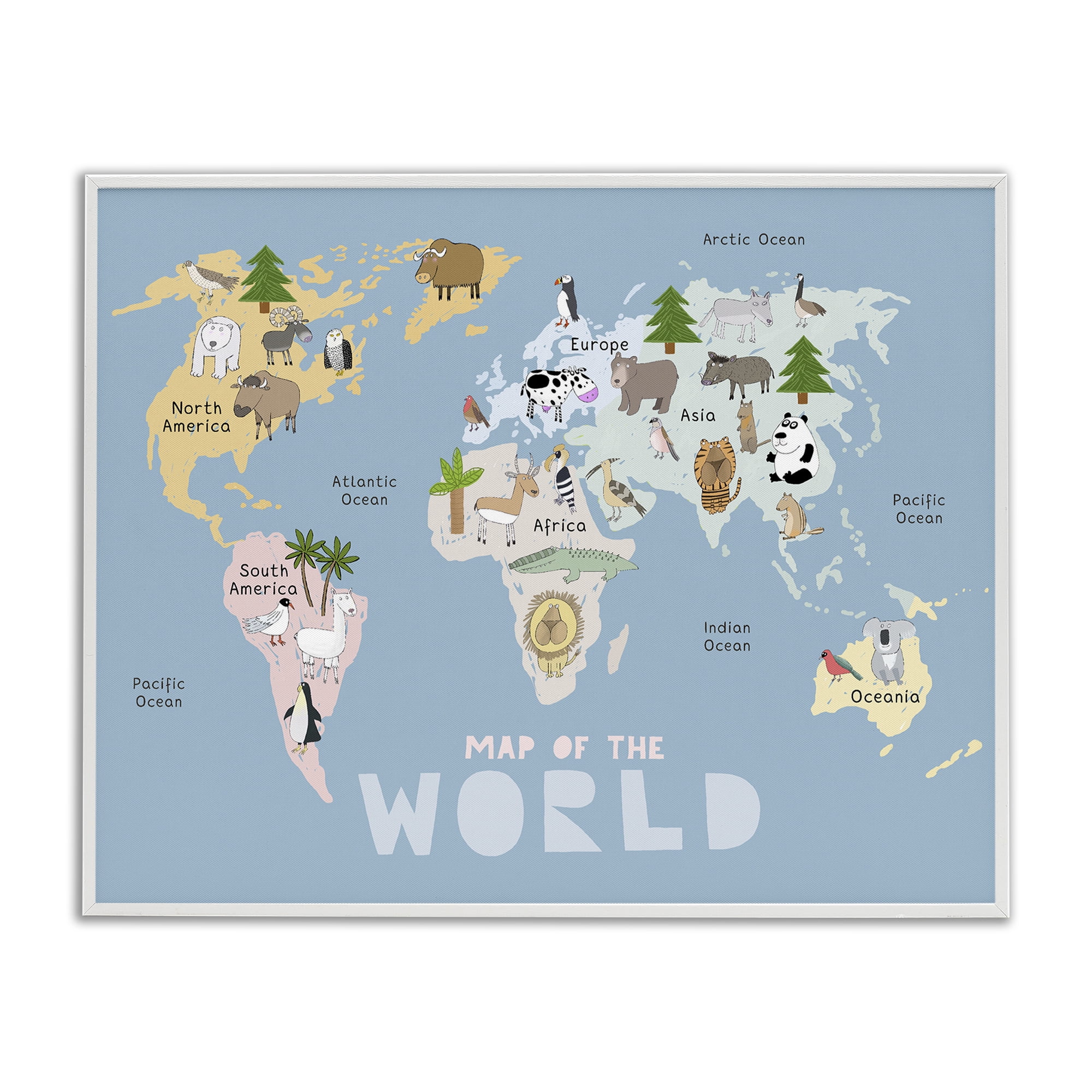 Kid's Map Of World Blue White Framed Giclee Art, design by Carla Daly