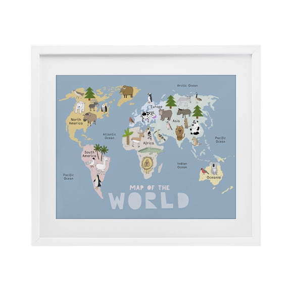 Kid's Map Of World Blue White Framed Print Under Glass, design by Carla Daly