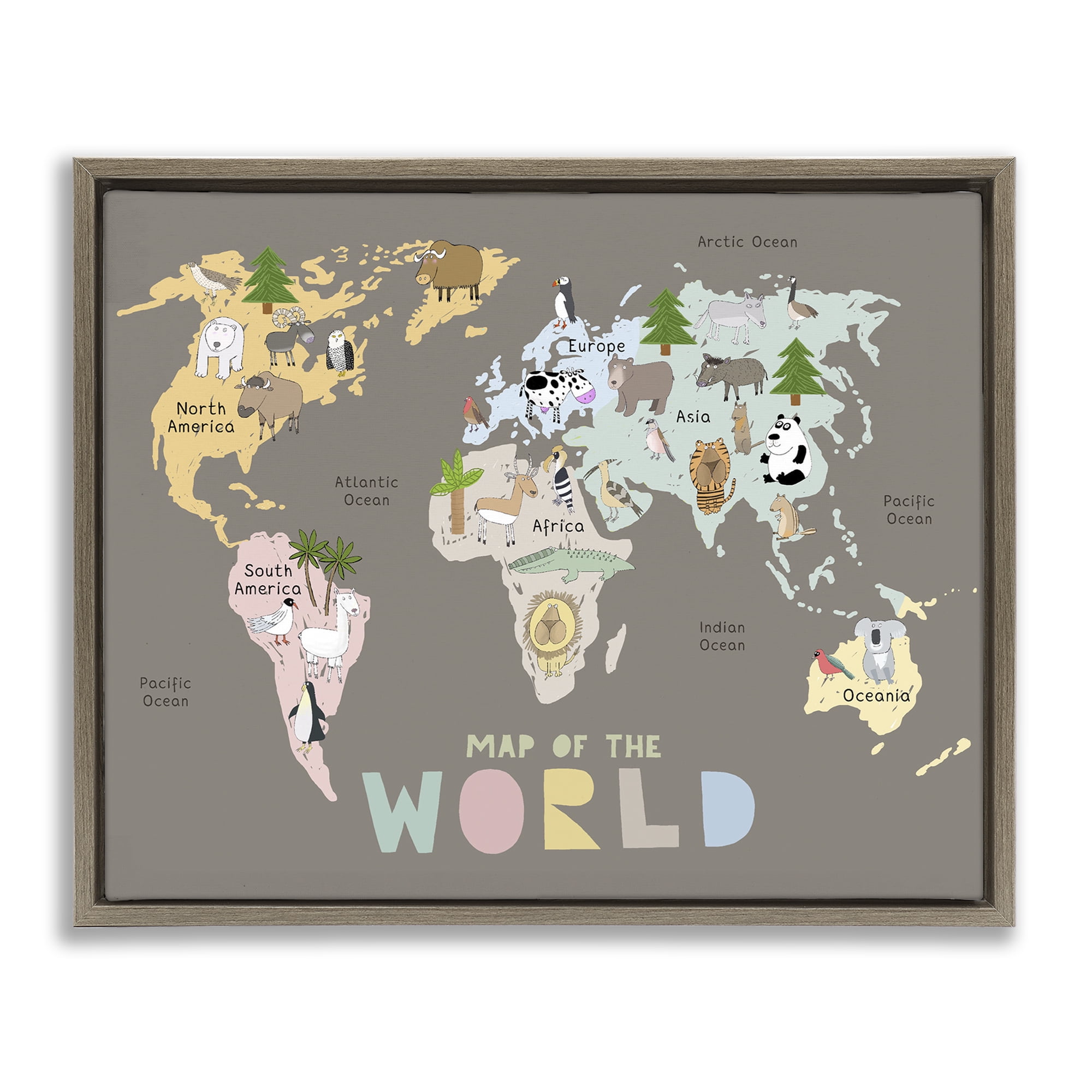 Kid's Map Of World Brown Brown Framed Floater Canvas Wall Art, design by Carla Daly