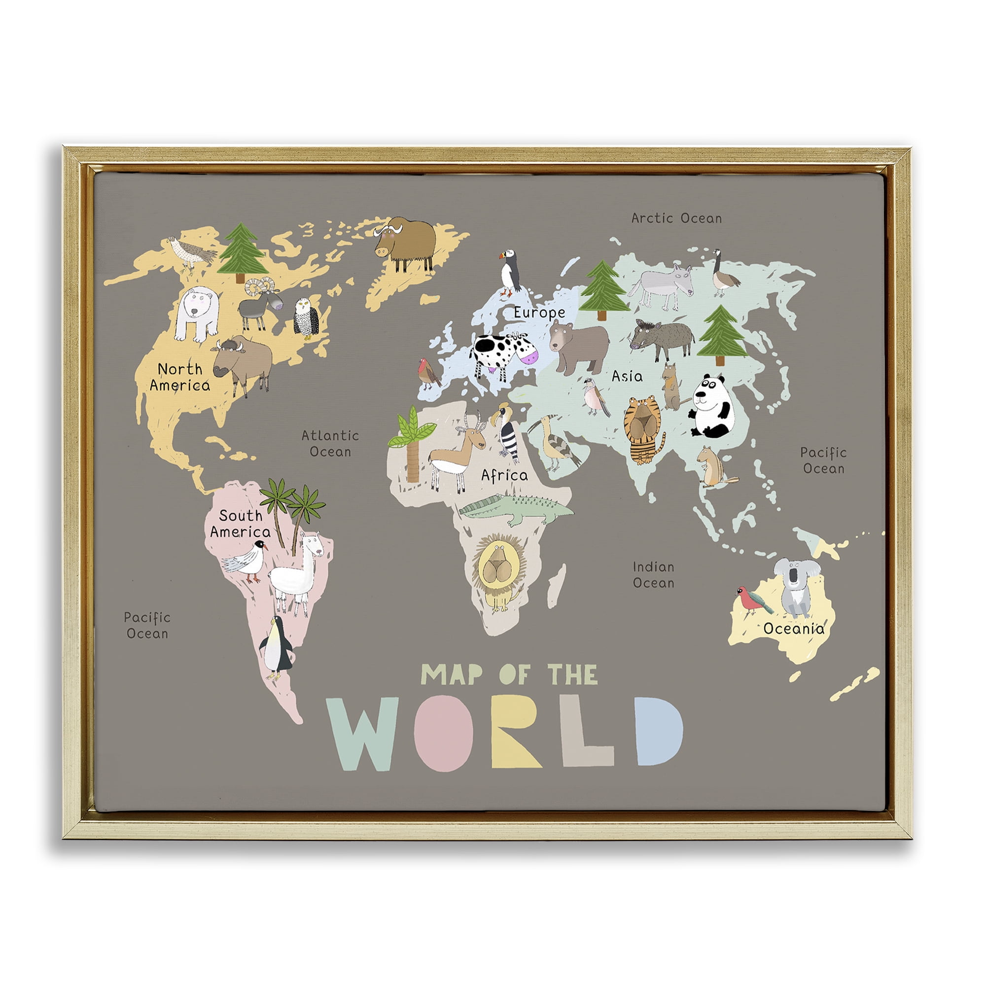 Kid's Map Of World Brown Gold Framed Floater Canvas Wall Art, design by Carla Daly
