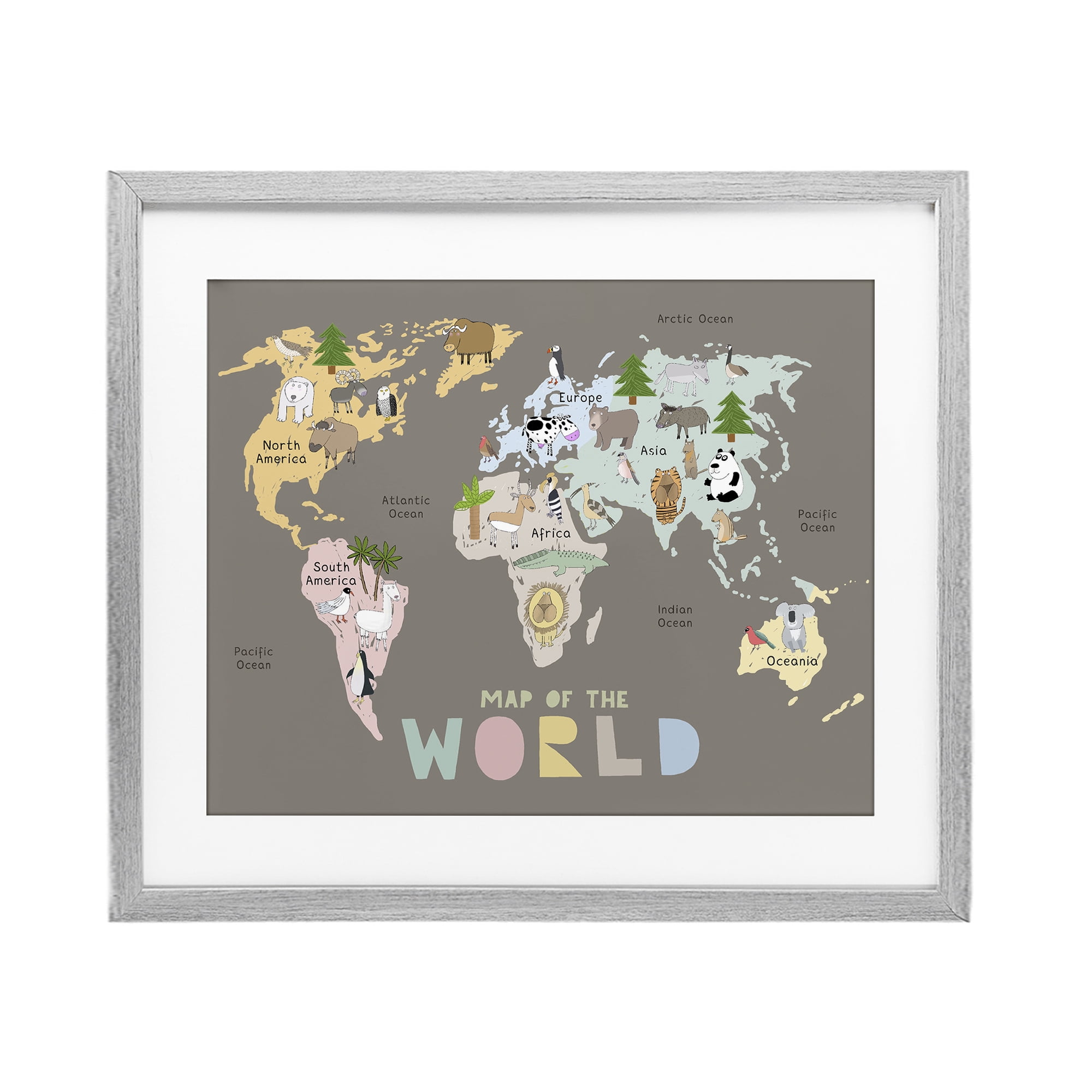 Kid's Map Of World Brown Gray Framed Print Under Glass, design by Carla Daly