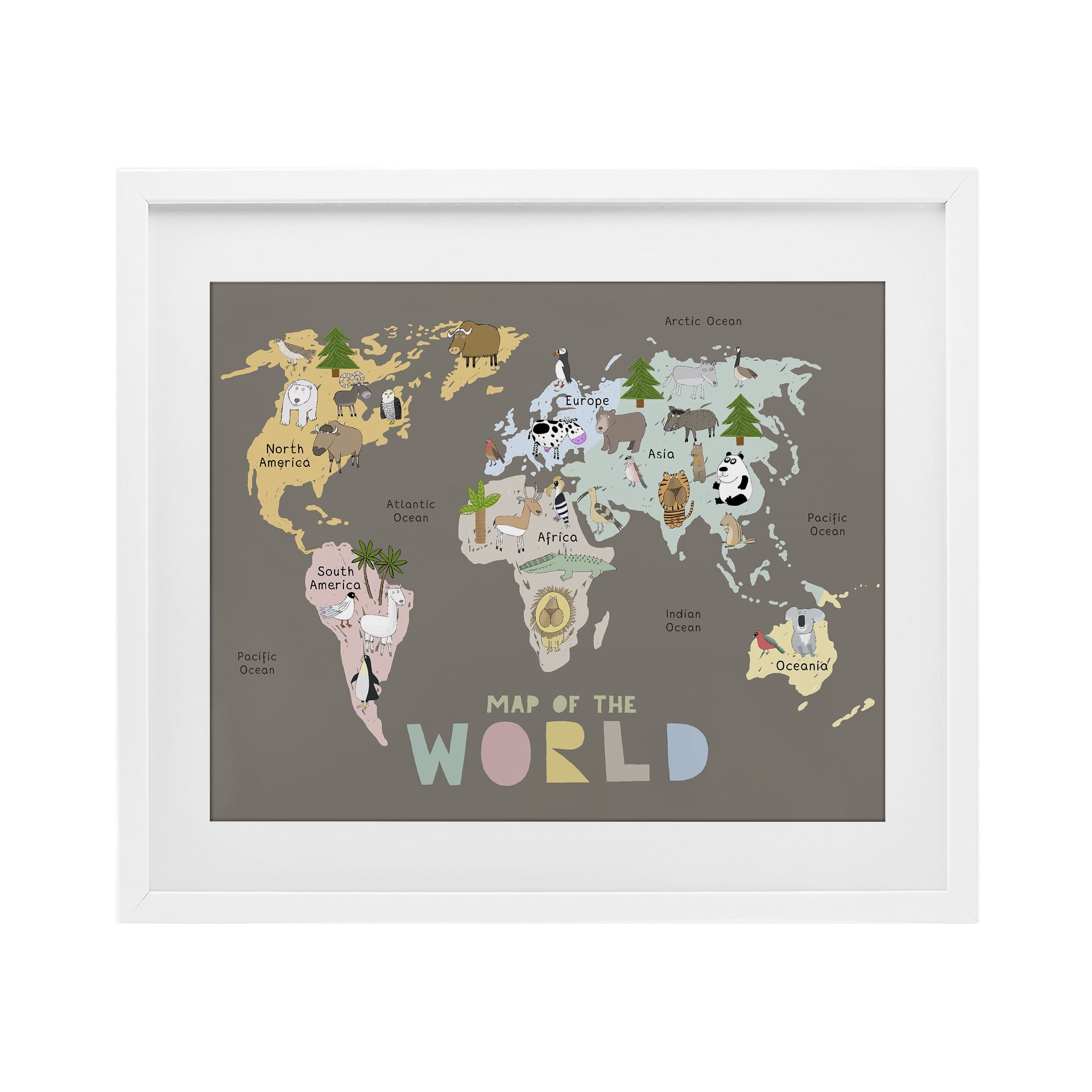 Kid's Map Of World Brown White Framed Print Under Glass, design by Carla Daly