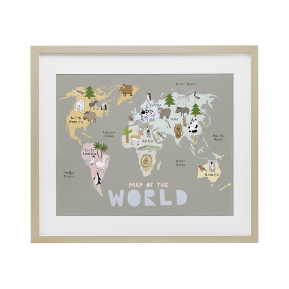 Kid's Map Of World Grey Birch Framed Print Under Glass, design by Carla Daly