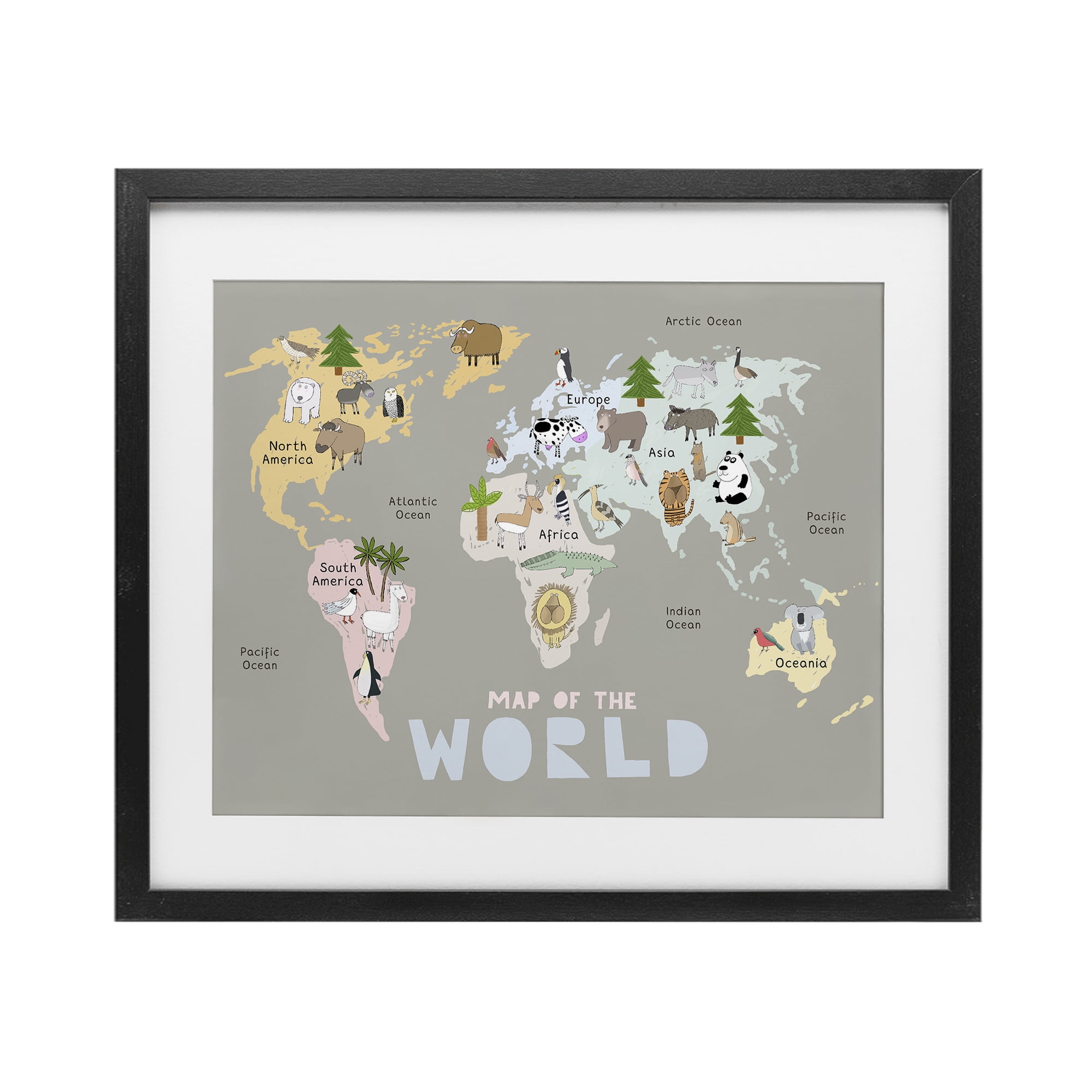 Kid's Map Of World Grey Black Framed Print Under Glass, design by Carla Daly