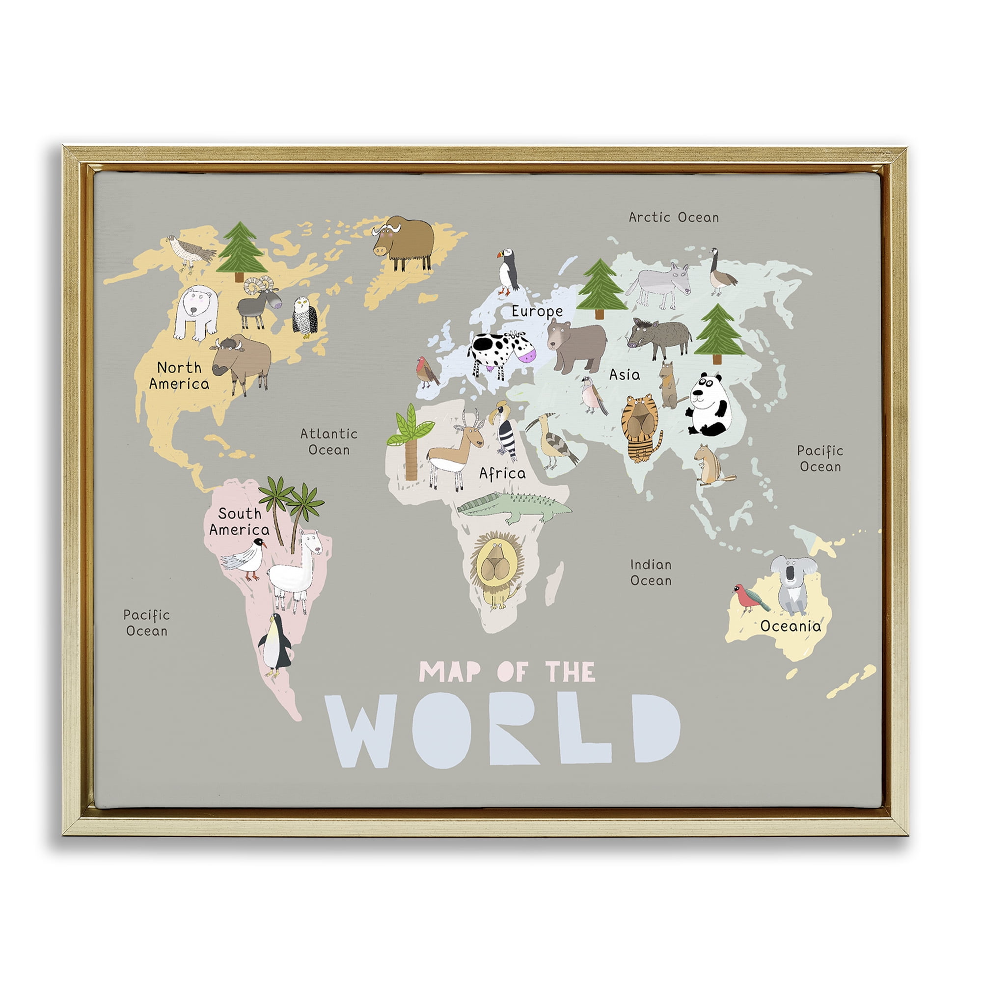 Kid's Map Of World Grey Gold Framed Floater Canvas Wall Art, design by Carla Daly