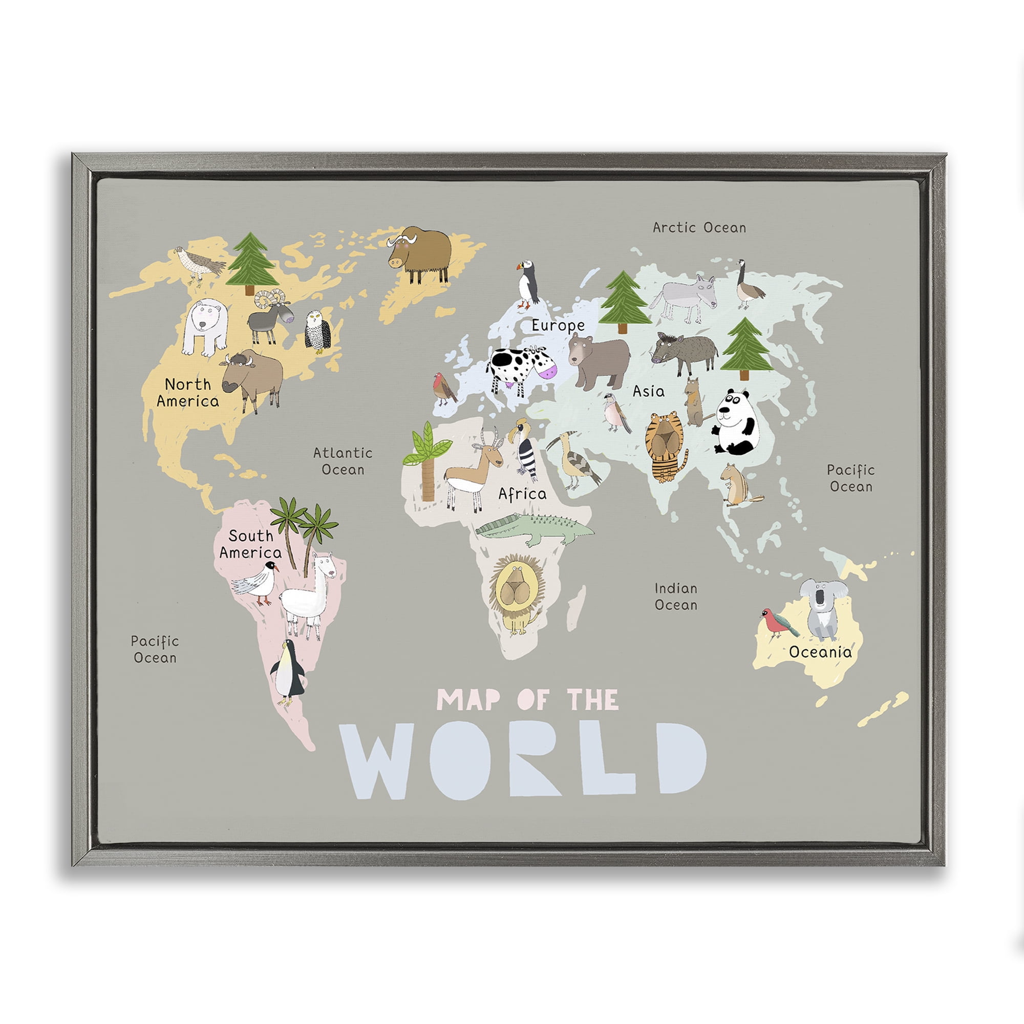 Kid's Map Of World Grey Gray Framed Floater Canvas Wall Art, design by Carla Daly