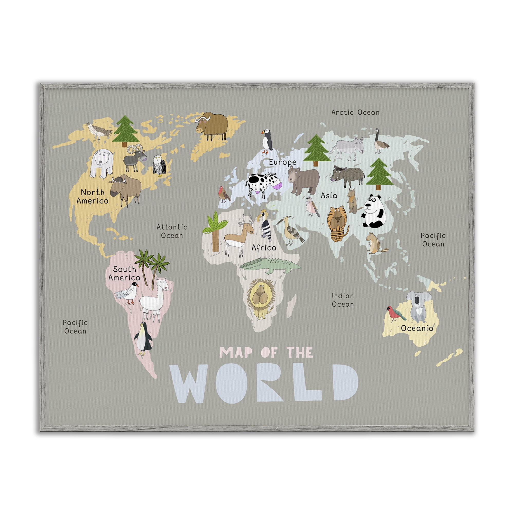 Kid's Map Of World Grey Gray Framed Giclee Art, design by Carla Daly