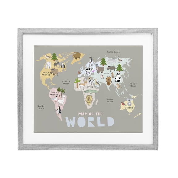 Kid's Map Of World Grey Gray Framed Print Under Glass, design by Carla Daly
