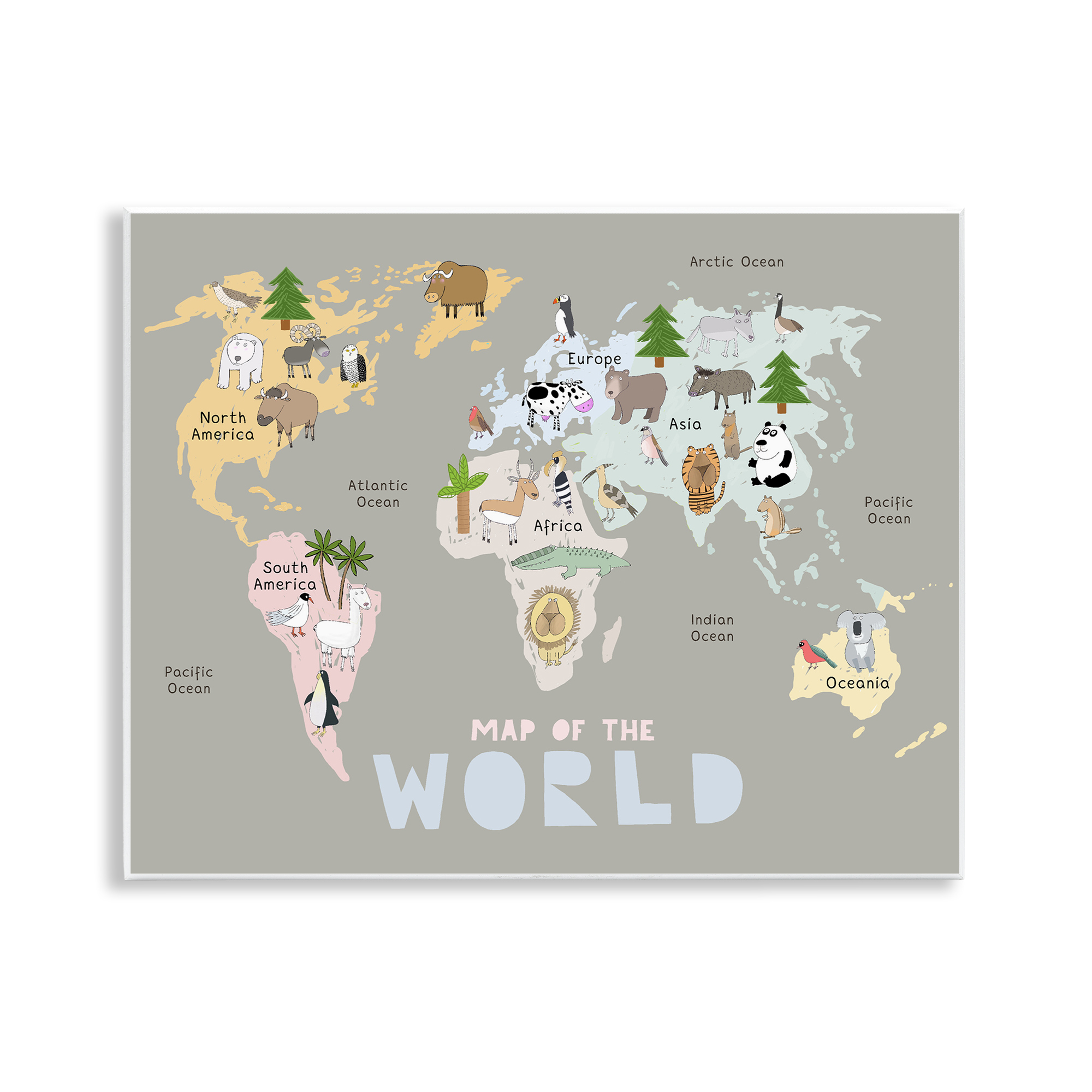 Kid's Map Of World Grey Wall Plaque Art, design by Carla Daly