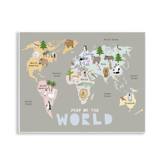 Kid's Map Of World Grey Wall Plaque Art, design by Carla Daly