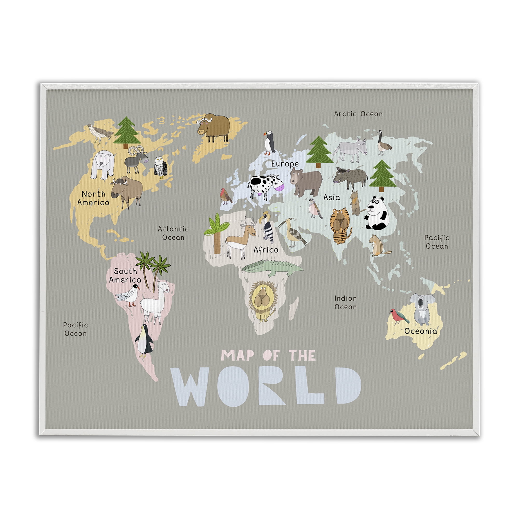 Kid's Map Of World Grey White Framed Giclee Art, design by Carla Daly