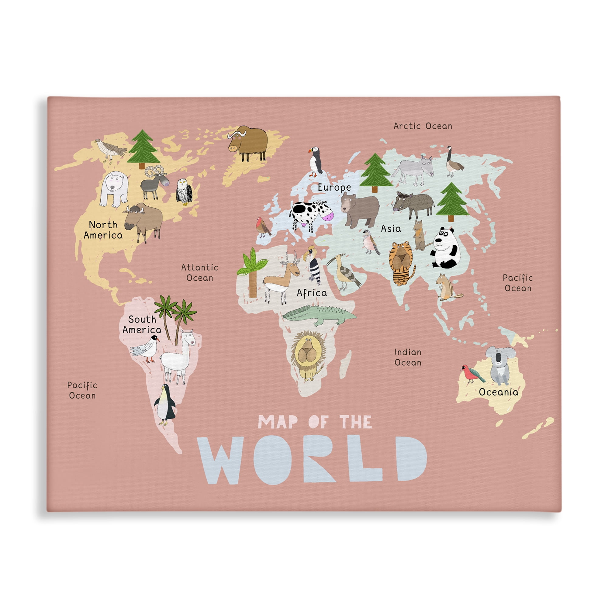 Kid's Map Of World Pink Canvas Wall Art, design by Carla Daly
