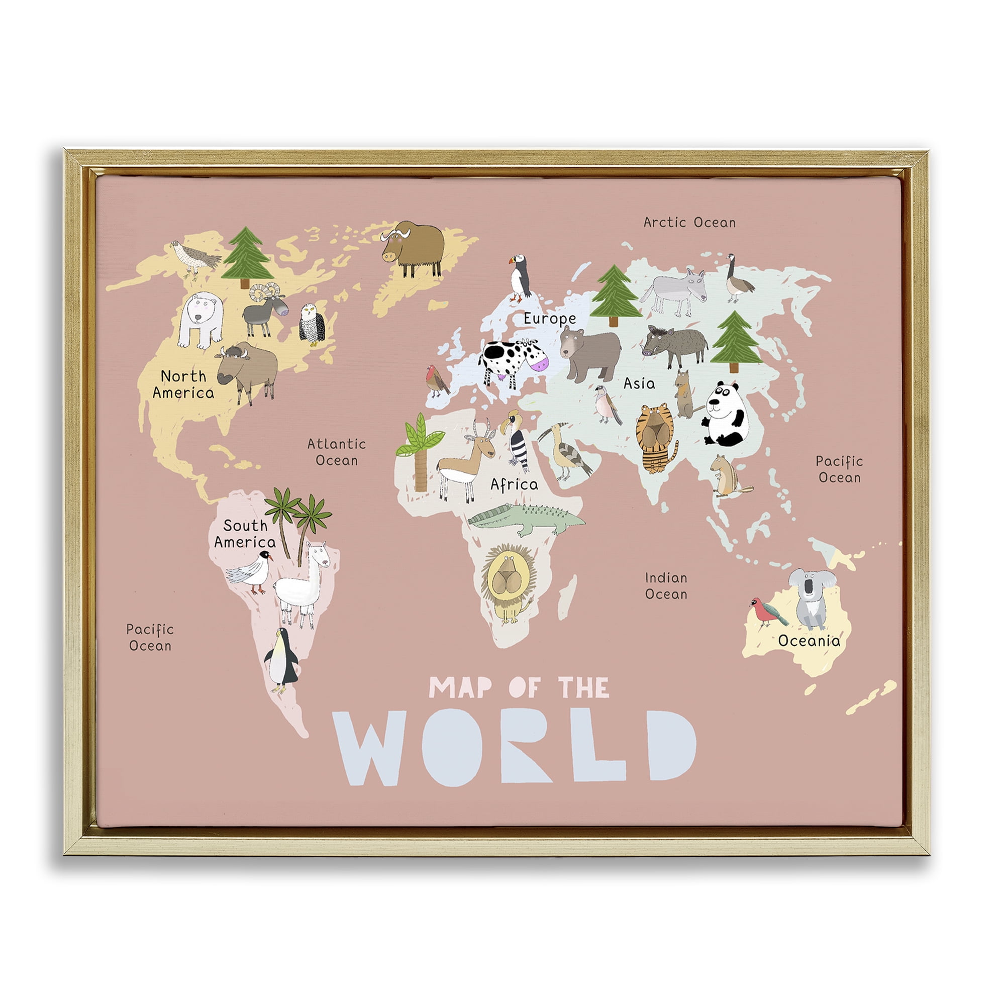 Kid's Map Of World Pink Gold Framed Floater Canvas Wall Art, design by Carla Daly