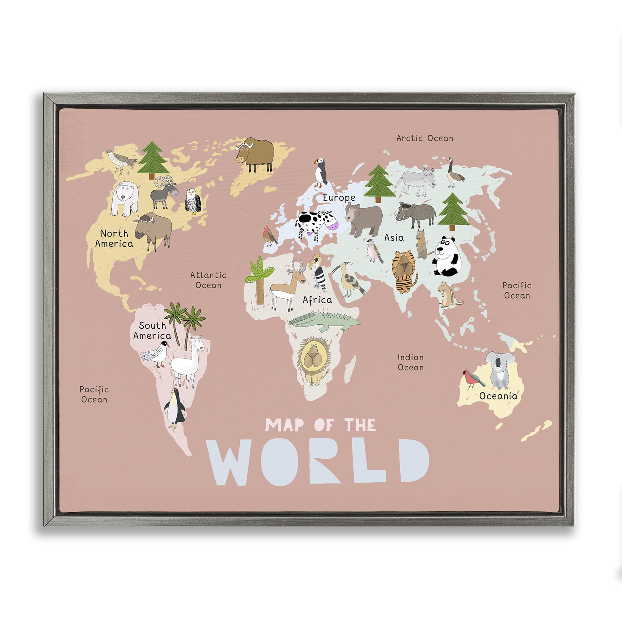 Kid's Map Of World Pink Gray Framed Floater Canvas Wall Art, design by Carla Daly
