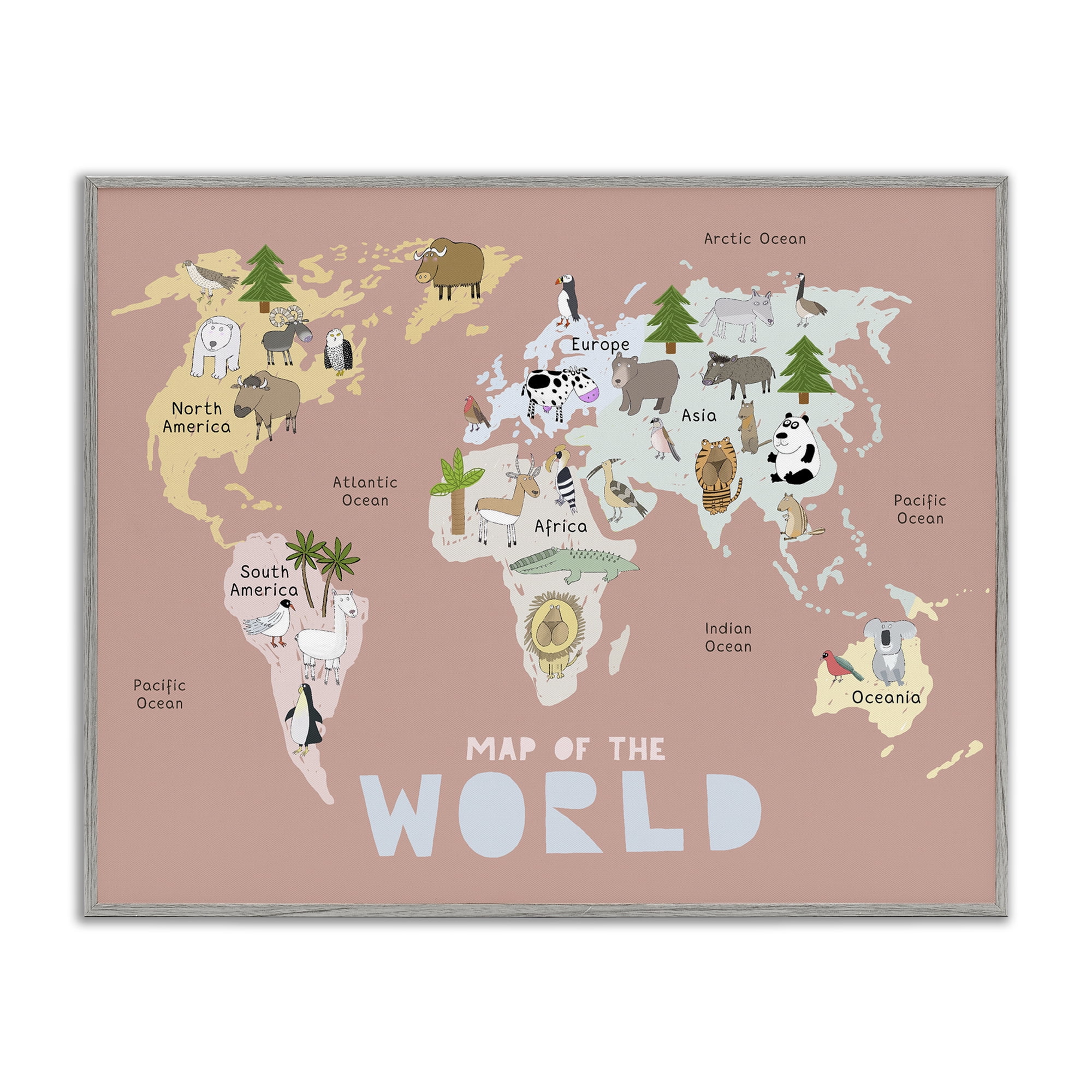 Kid's Map Of World Pink Gray Framed Giclee Art, design by Carla Daly