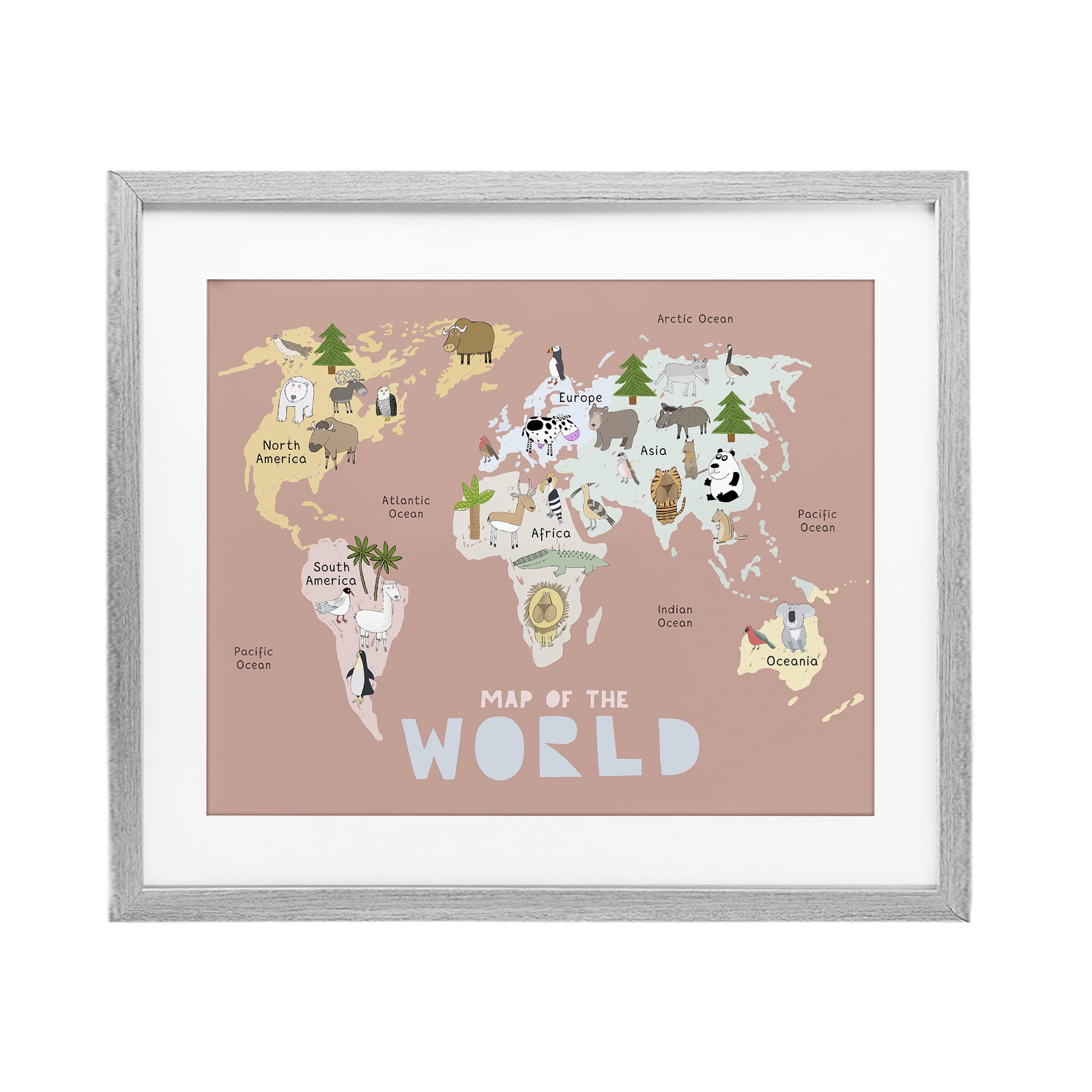 Kid's Map Of World Pink Gray Framed Print Under Glass, design by Carla Daly