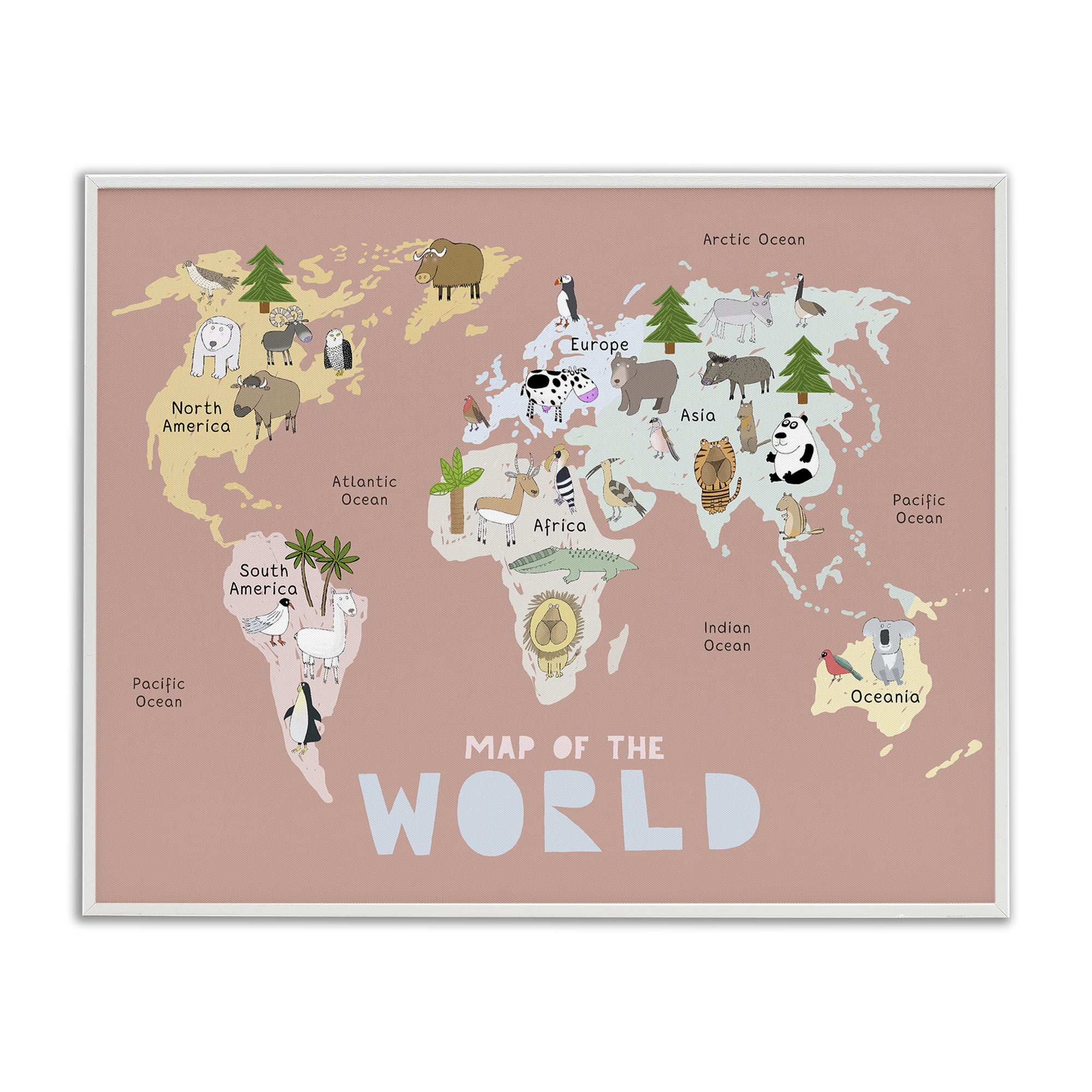 Kid's Map Of World Pink White Framed Giclee Art, design by Carla Daly