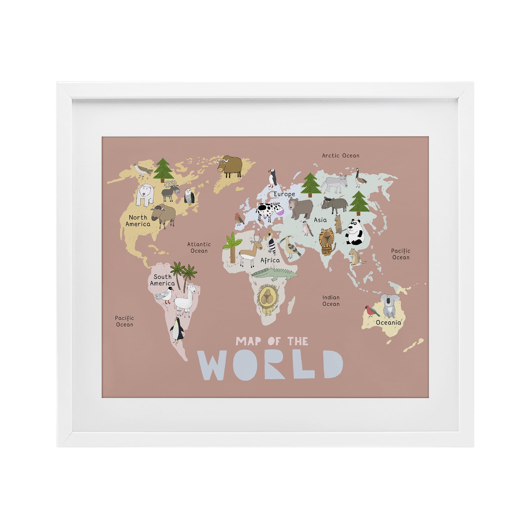 Kid's Map Of World Pink White Framed Print Under Glass, design by Carla Daly