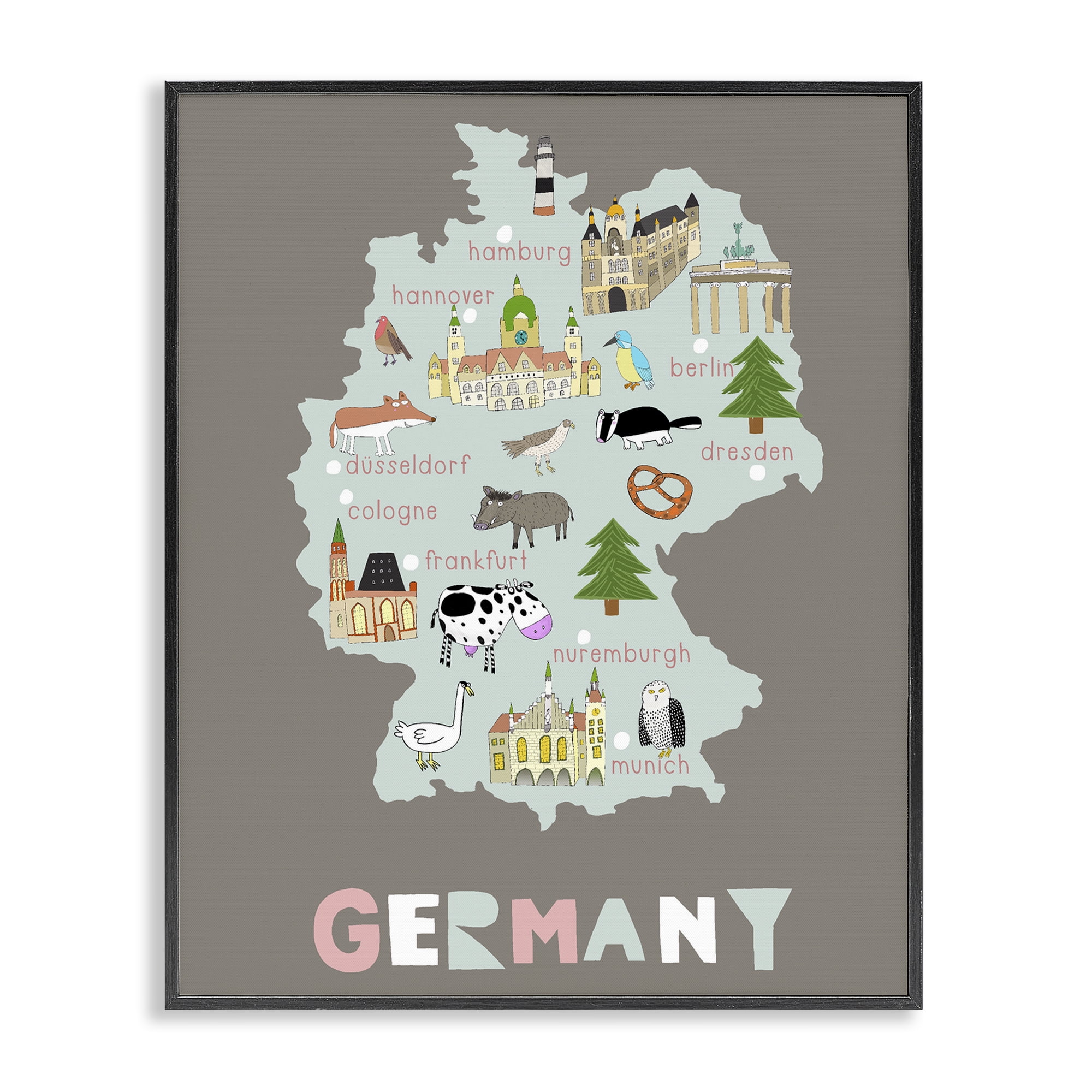 Kid's Map of Germany Black Framed Giclee Art, design by Carla Daly