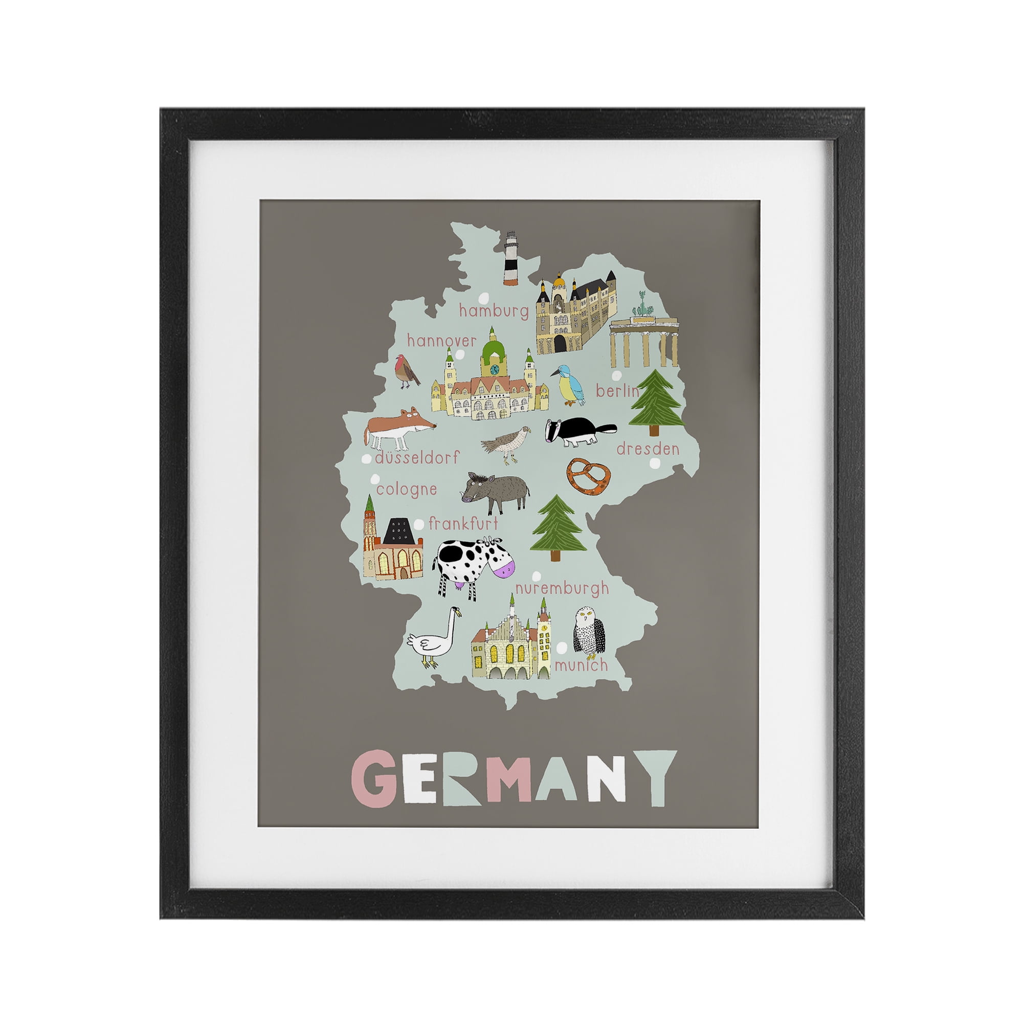 Kid's Map of Germany Black Framed Print Under Glass, design by Carla Daly