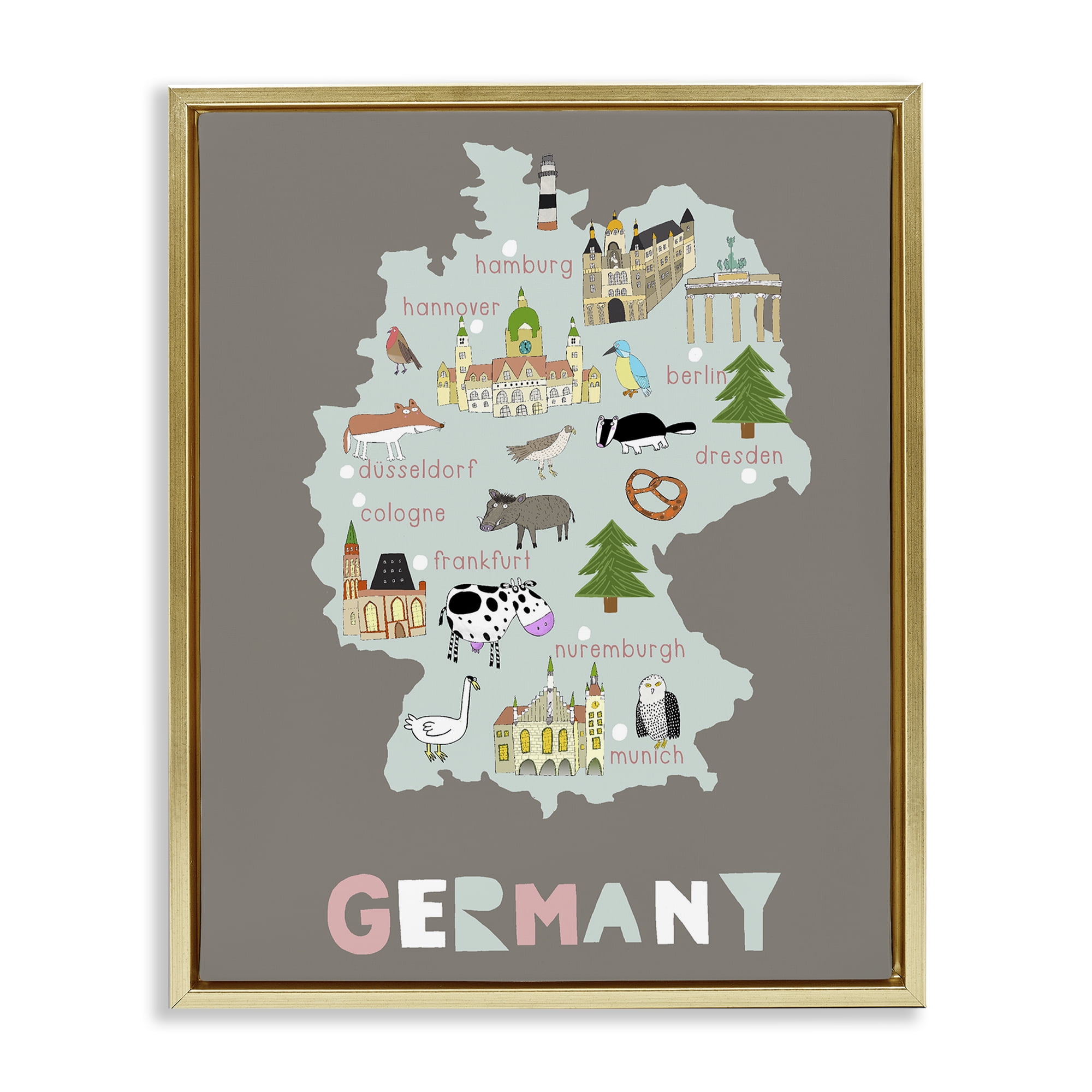 Kid's Map of Germany Gold Framed Floater Canvas Wall Art, design by Carla Daly