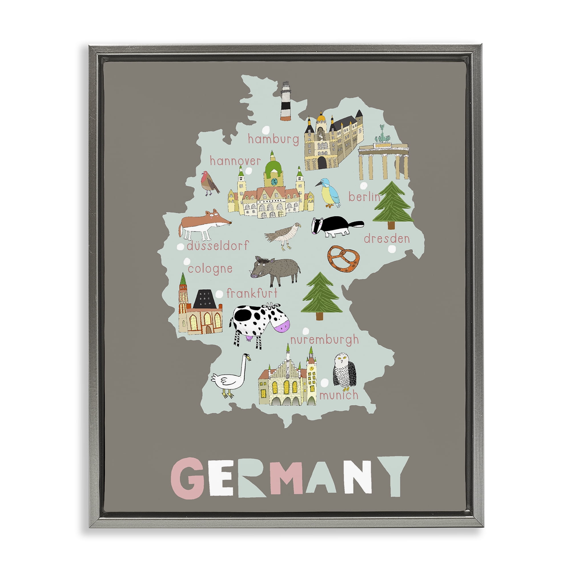 Kid's Map of Germany Gray Framed Floater Canvas Wall Art, design by Carla Daly