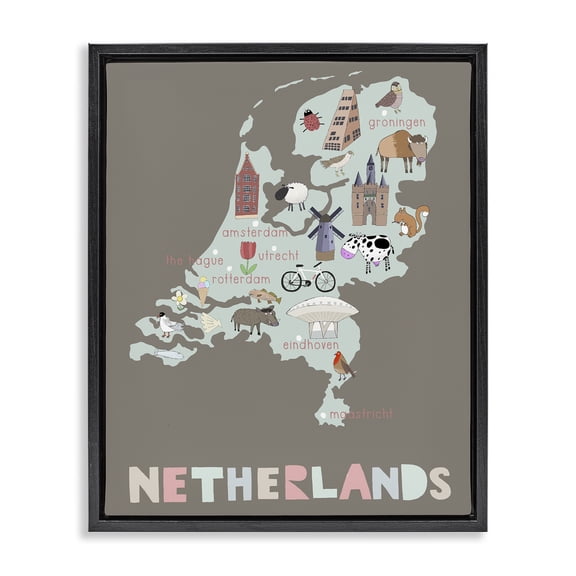 Kid's Map of Netherlands Black Framed Floater Canvas Wall Art, design by Carla Daly