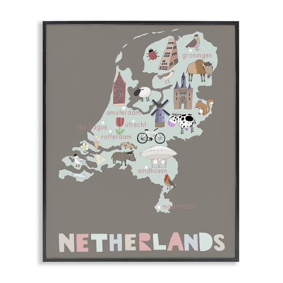 Kid's Map of Netherlands Black Framed Giclee Art, design by Carla Daly