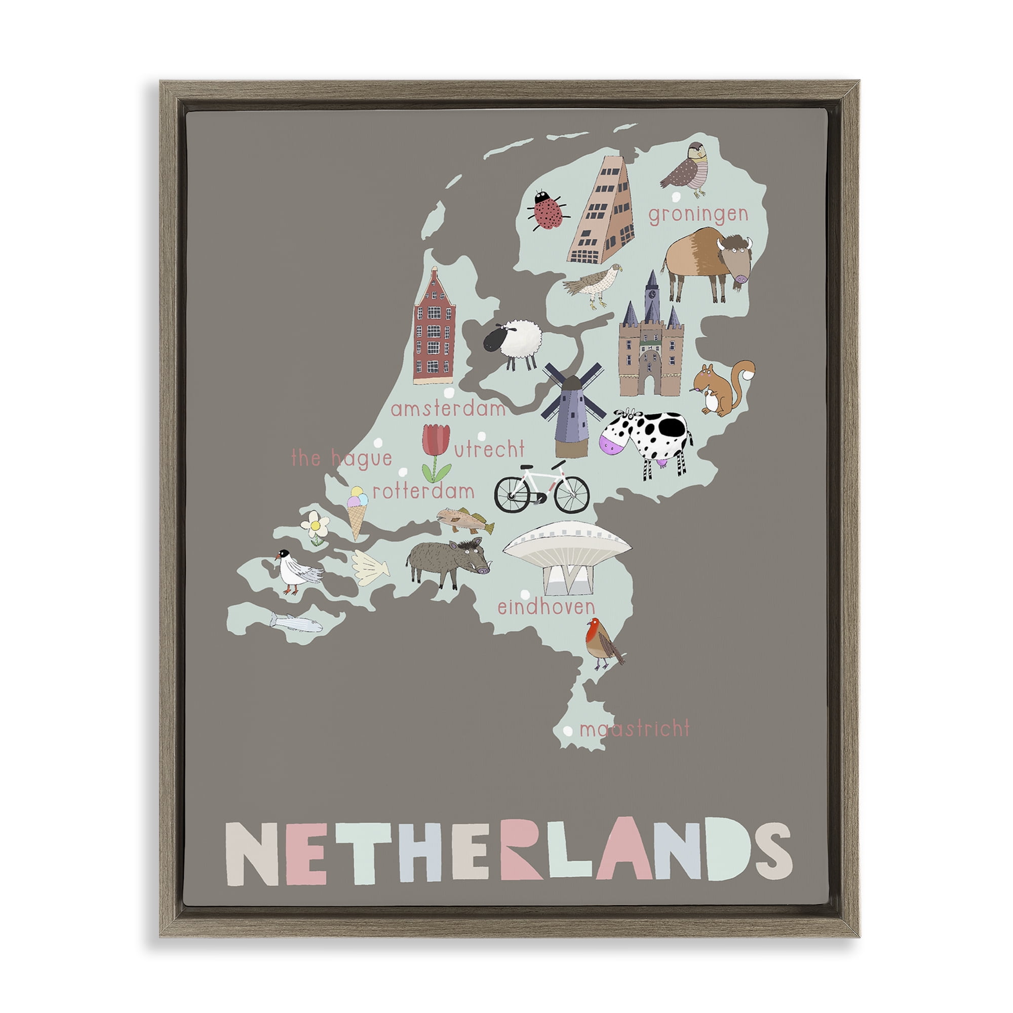 Kid's Map of Netherlands Brown Framed Floater Canvas Wall Art, design by Carla Daly