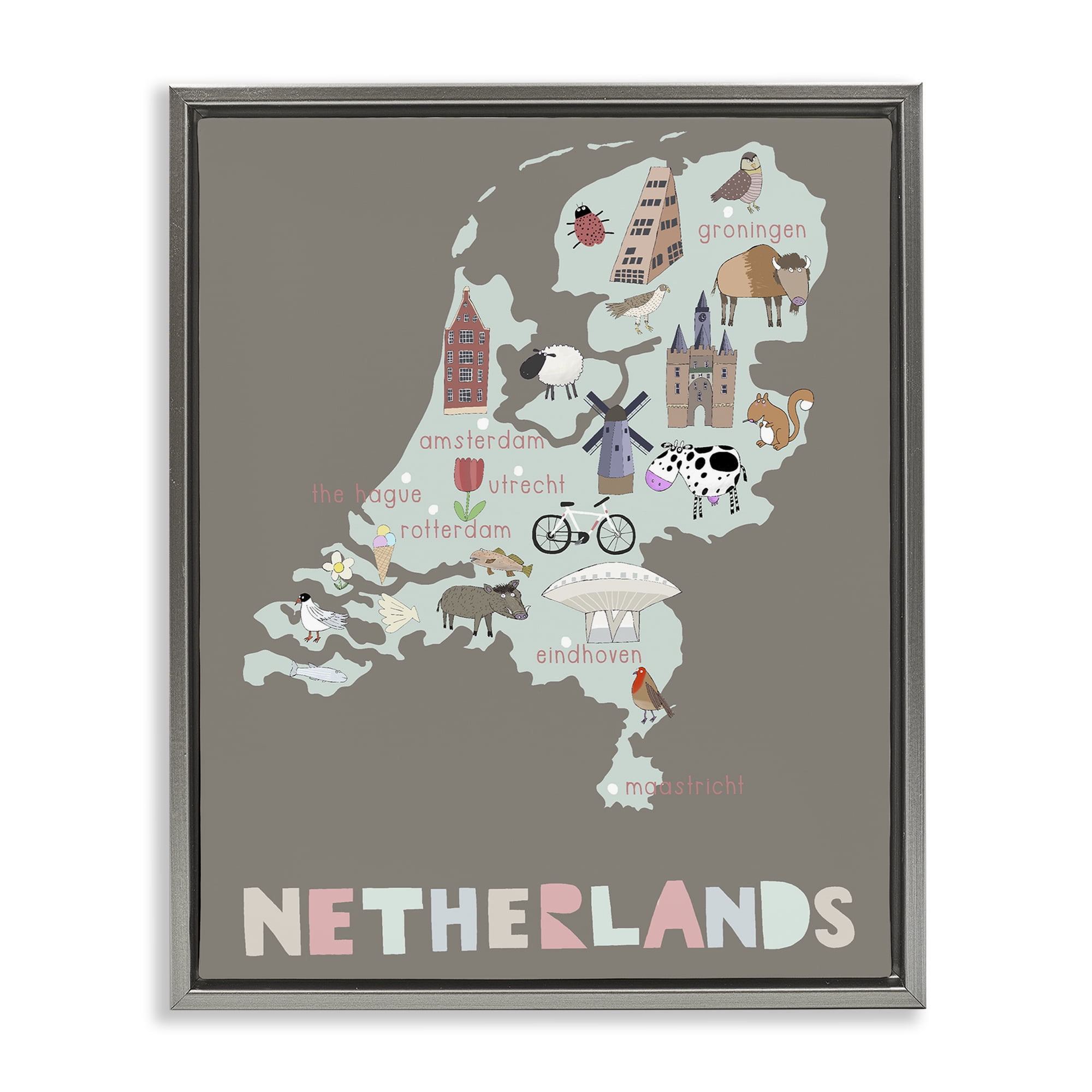 Kid's Map of Netherlands Gray Framed Floater Canvas Wall Art, design by Carla Daly