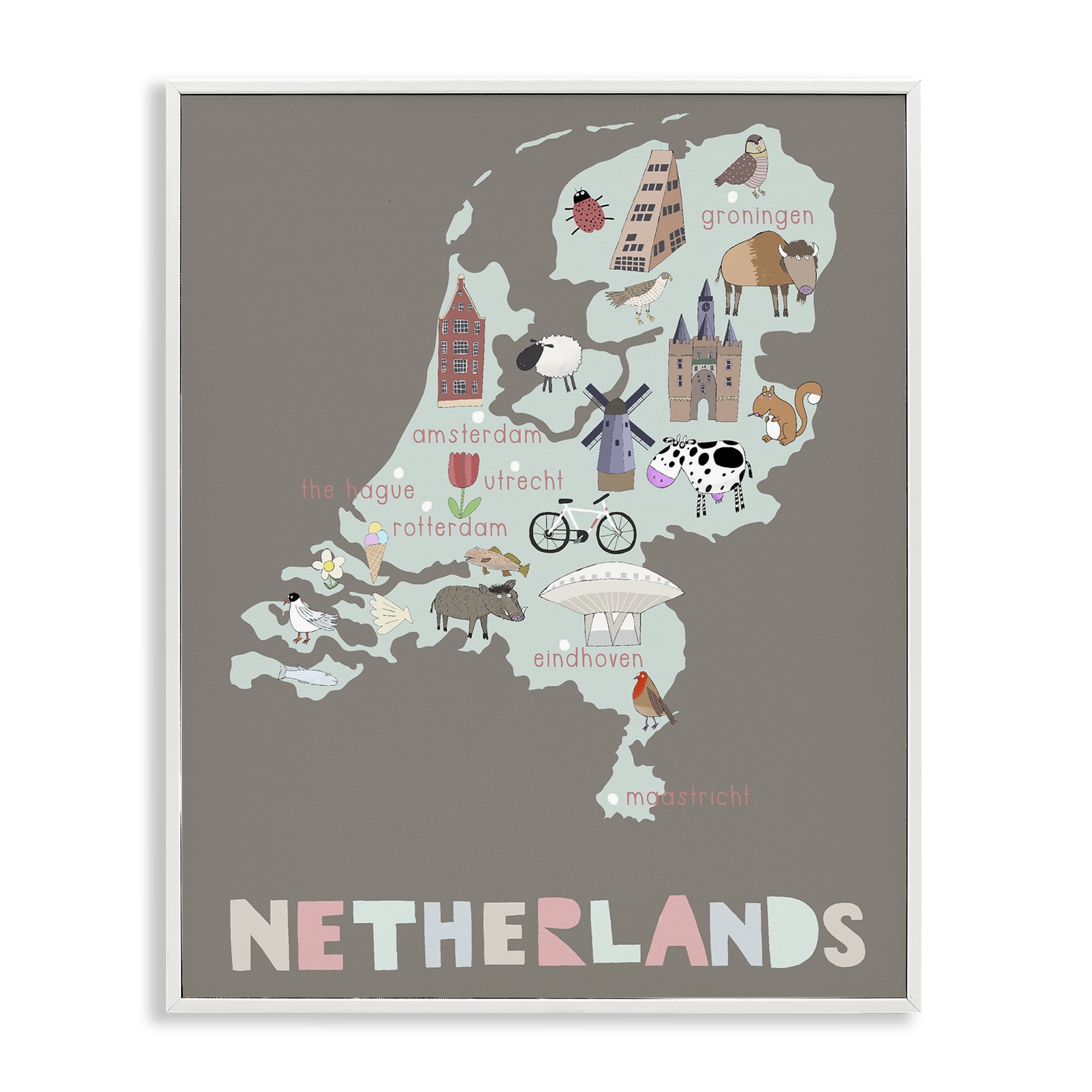 Kid's Map of Netherlands White Framed Giclee Art, design by Carla Daly