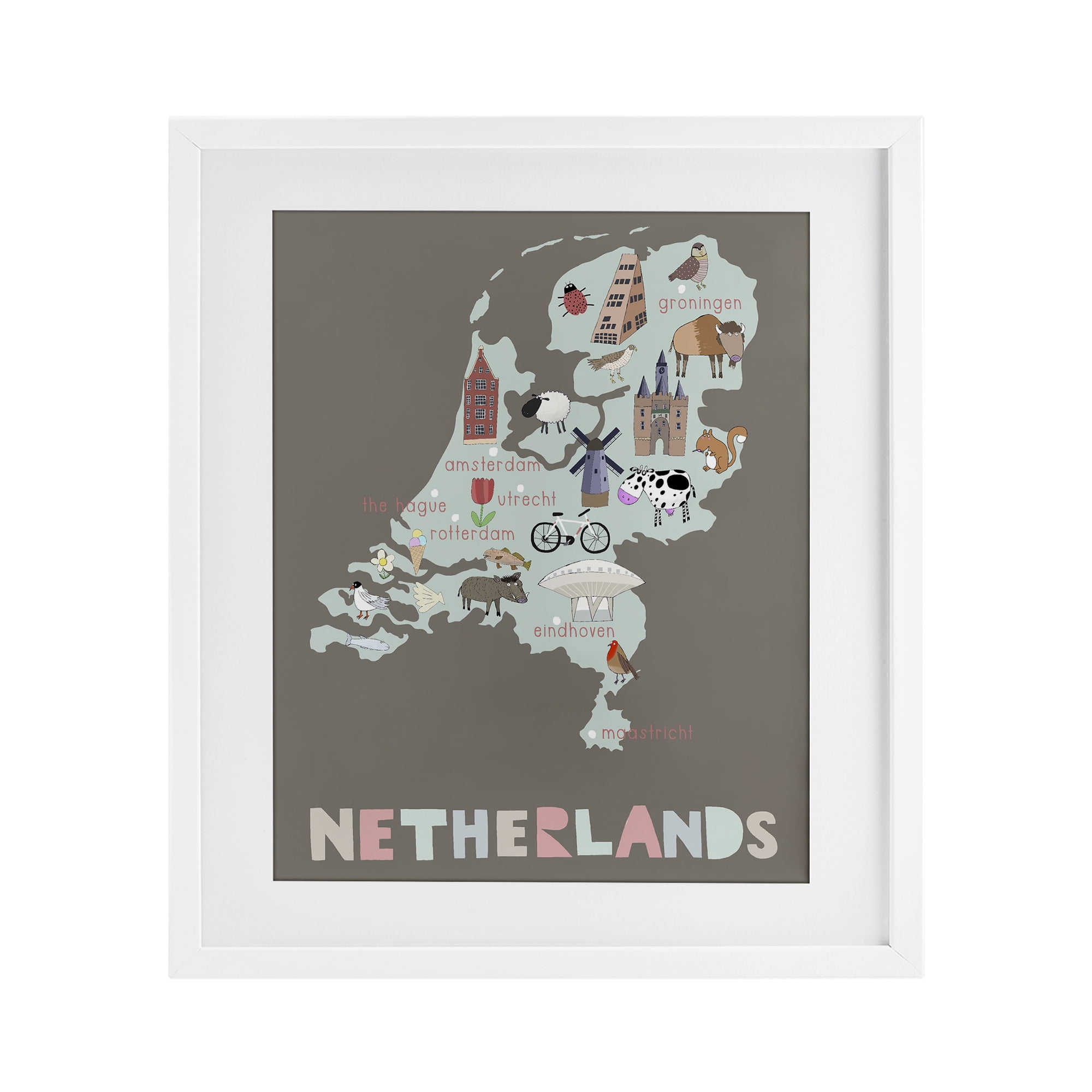 Kid's Map of Netherlands White Framed Print Under Glass, design by Carla Daly