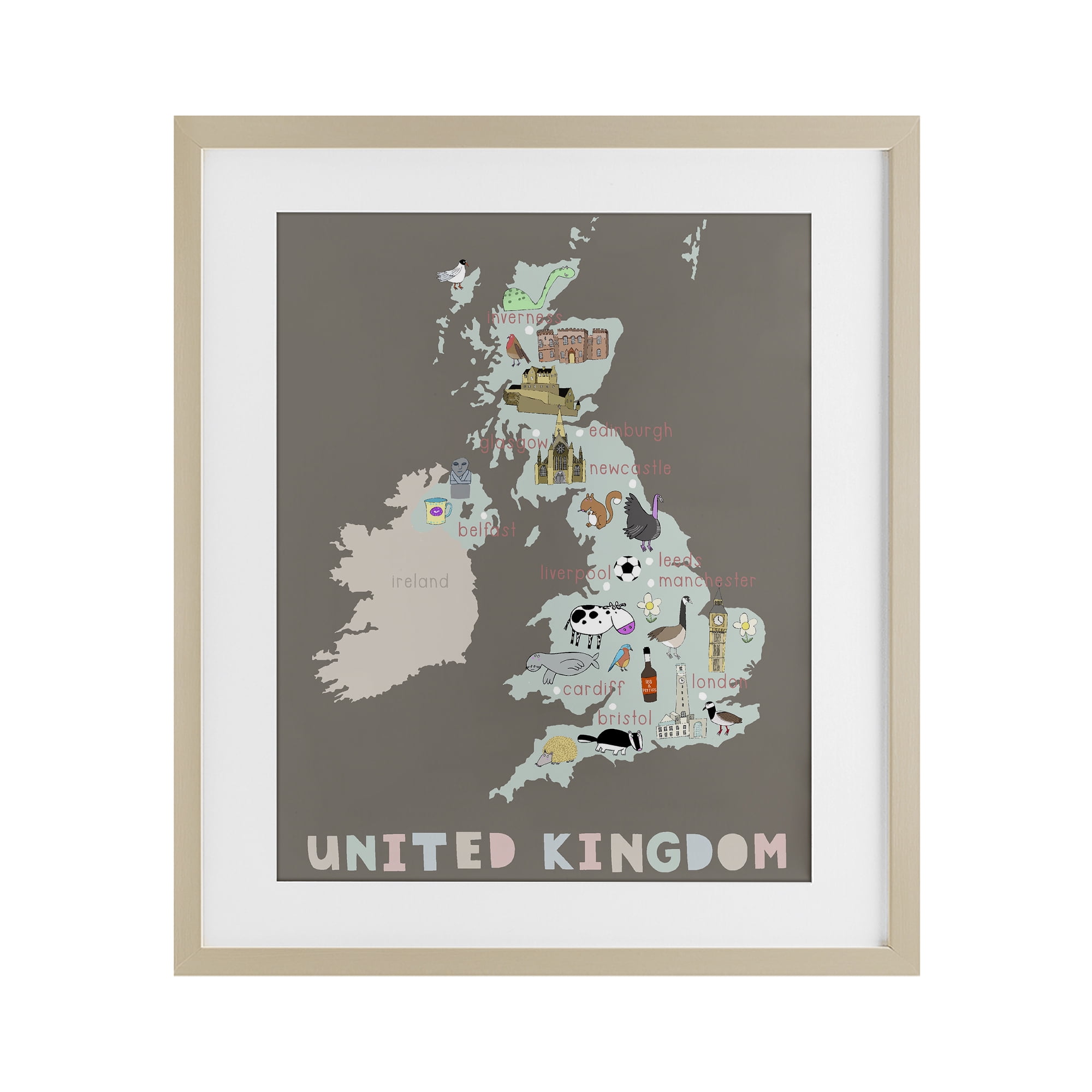 Kid's Map of United Kingdom Birch Framed Print Under Glass, design by Carla Daly