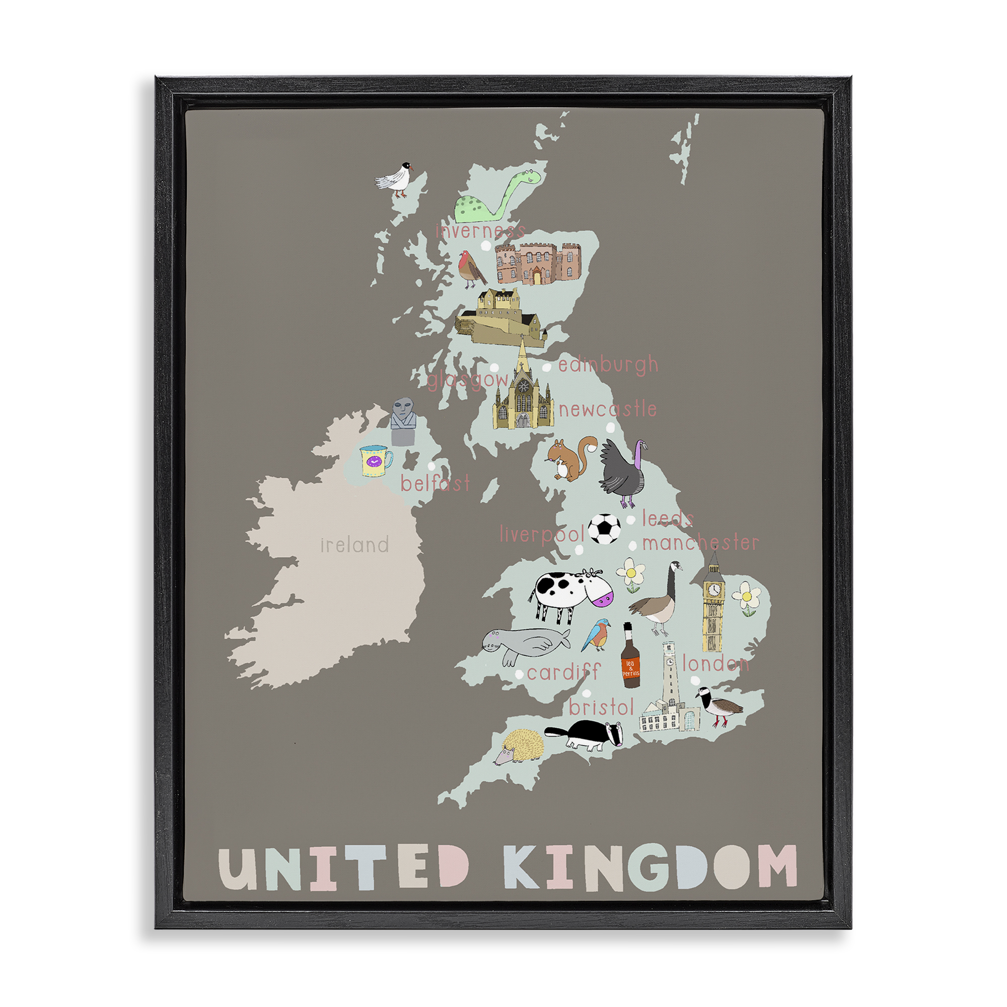 Kid's Map of United Kingdom Black Framed Floater Canvas Wall Art, design by Carla Daly