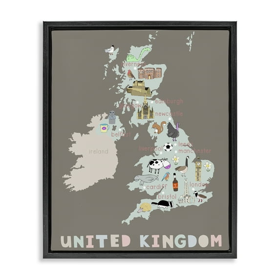 Kid's Map of United Kingdom Black Framed Floater Canvas Wall Art, design by Carla Daly