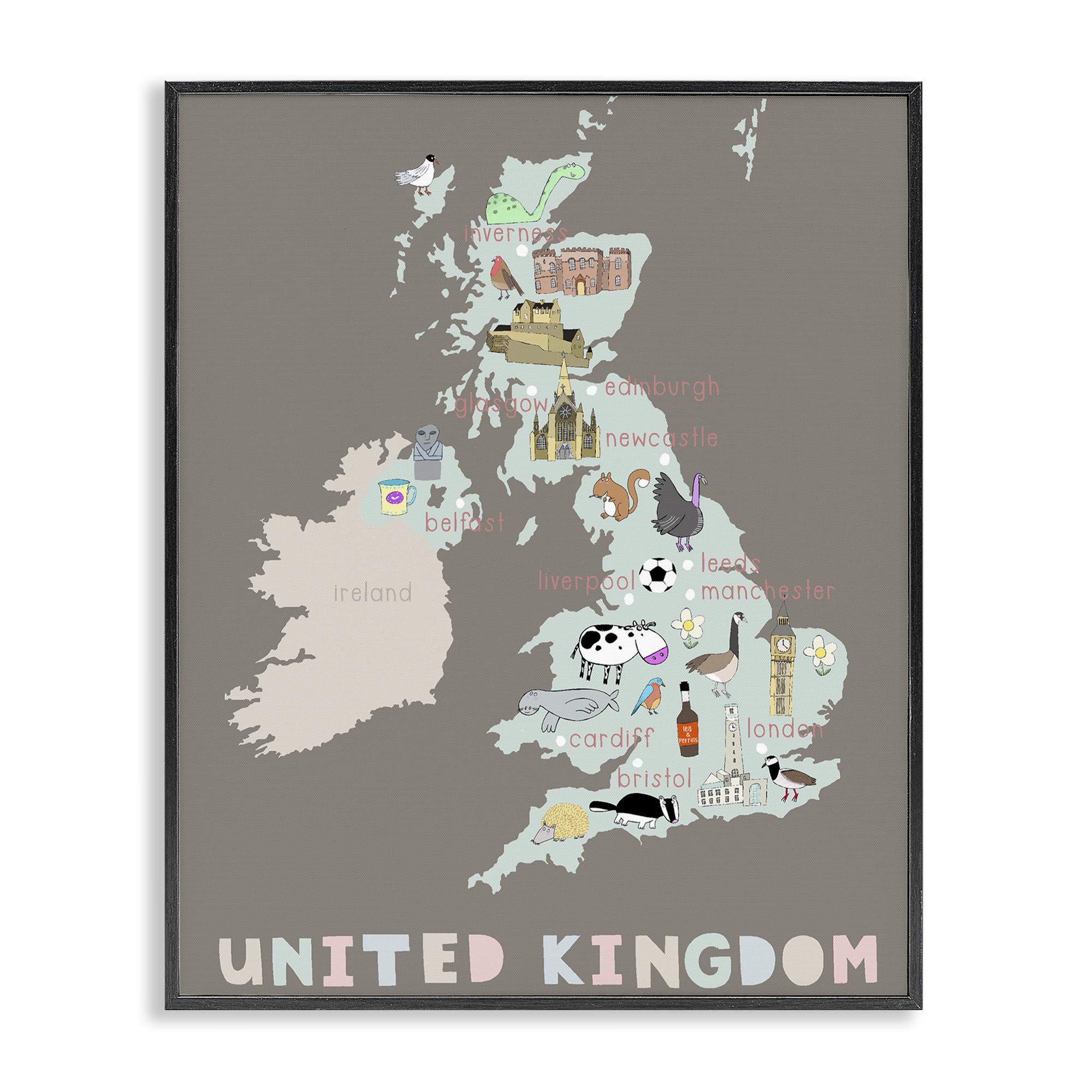 Kid's Map of United Kingdom Black Framed Giclee Art, design by Carla Daly
