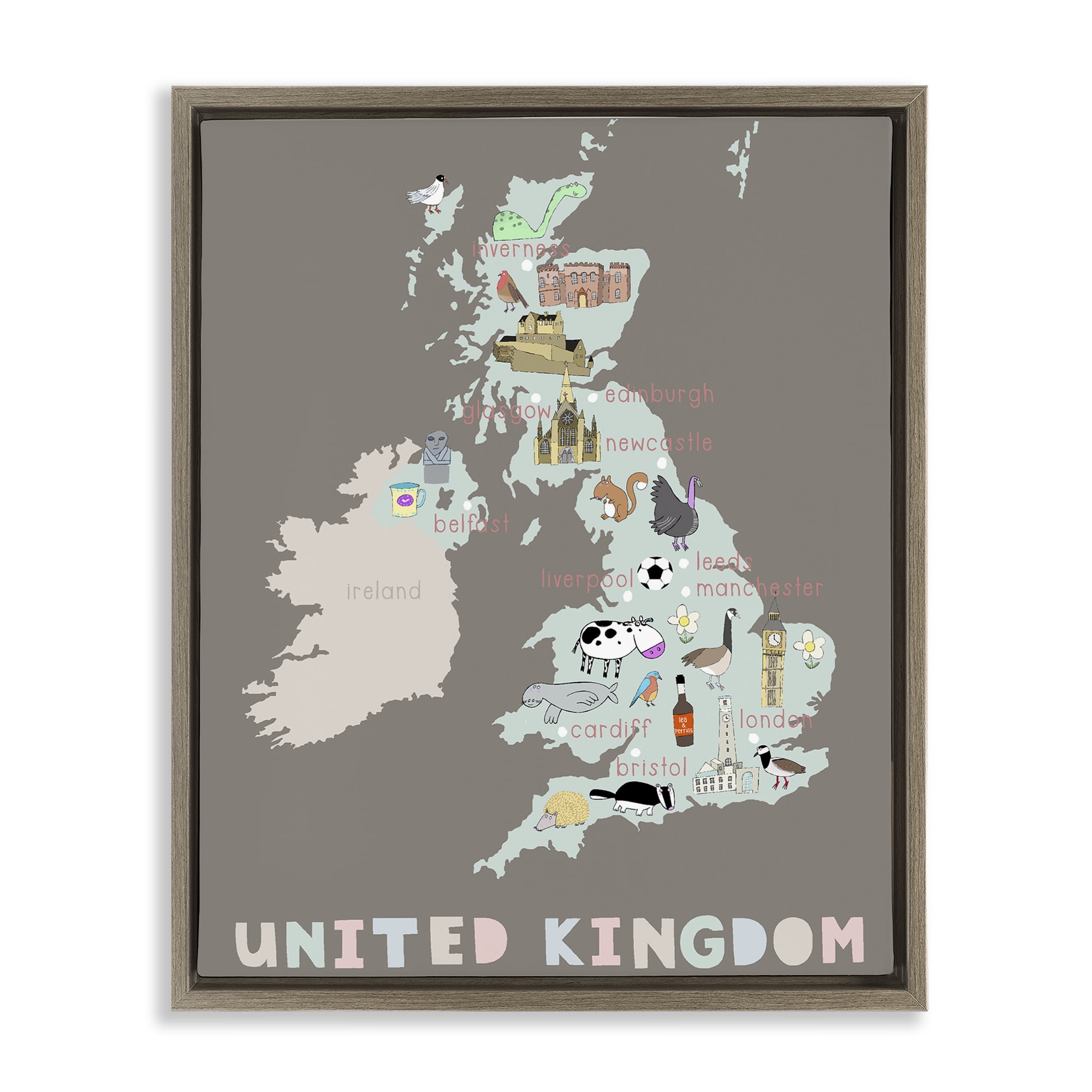 Kid's Map of United Kingdom Brown Framed Floater Canvas Wall Art, design by Carla Daly