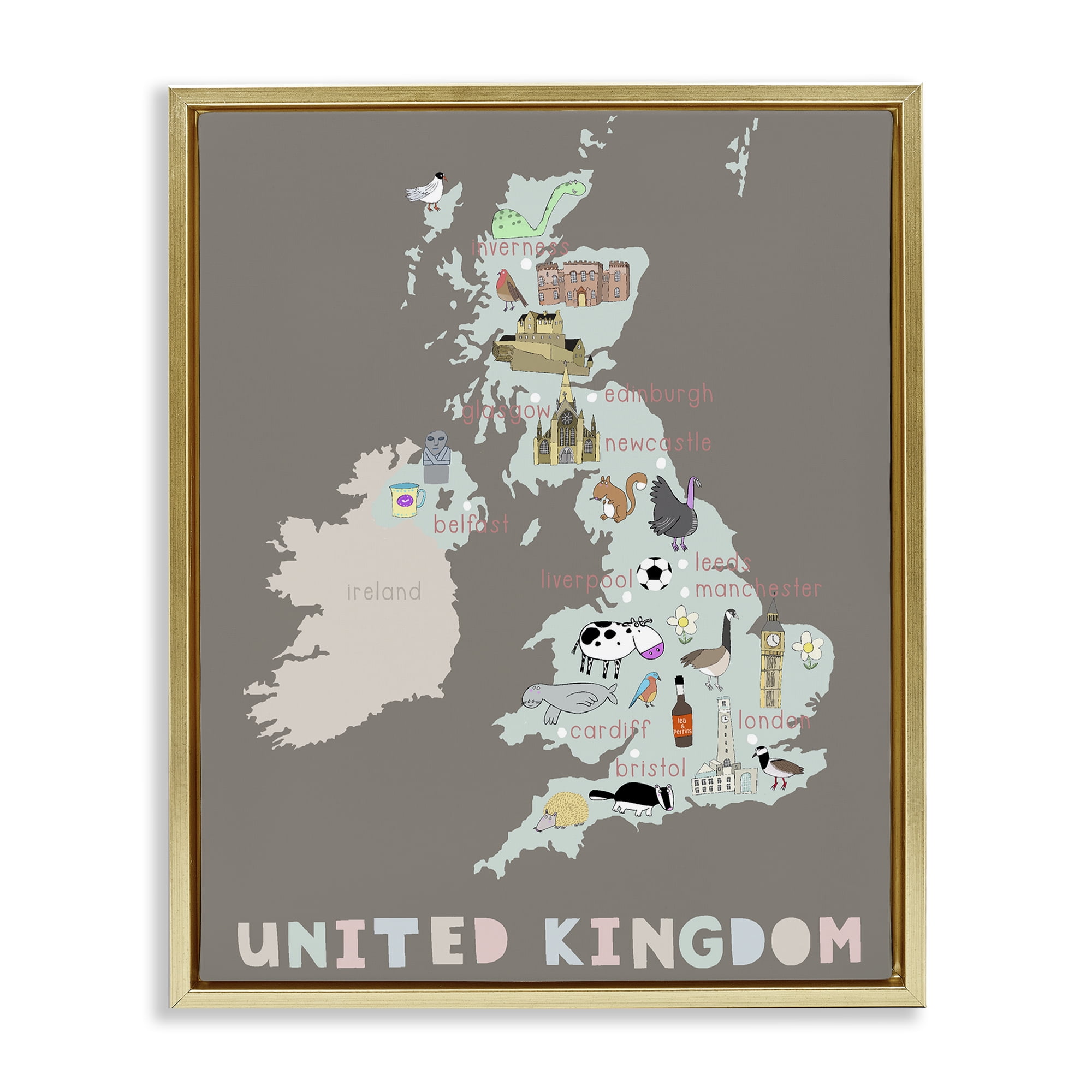 Kid's Map of United Kingdom Gold Framed Floater Canvas Wall Art, design by Carla Daly