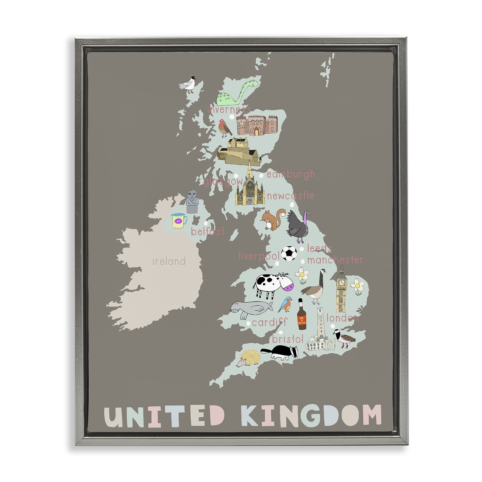 Kid's Map of United Kingdom Gray Framed Floater Canvas Wall Art, design by Carla Daly