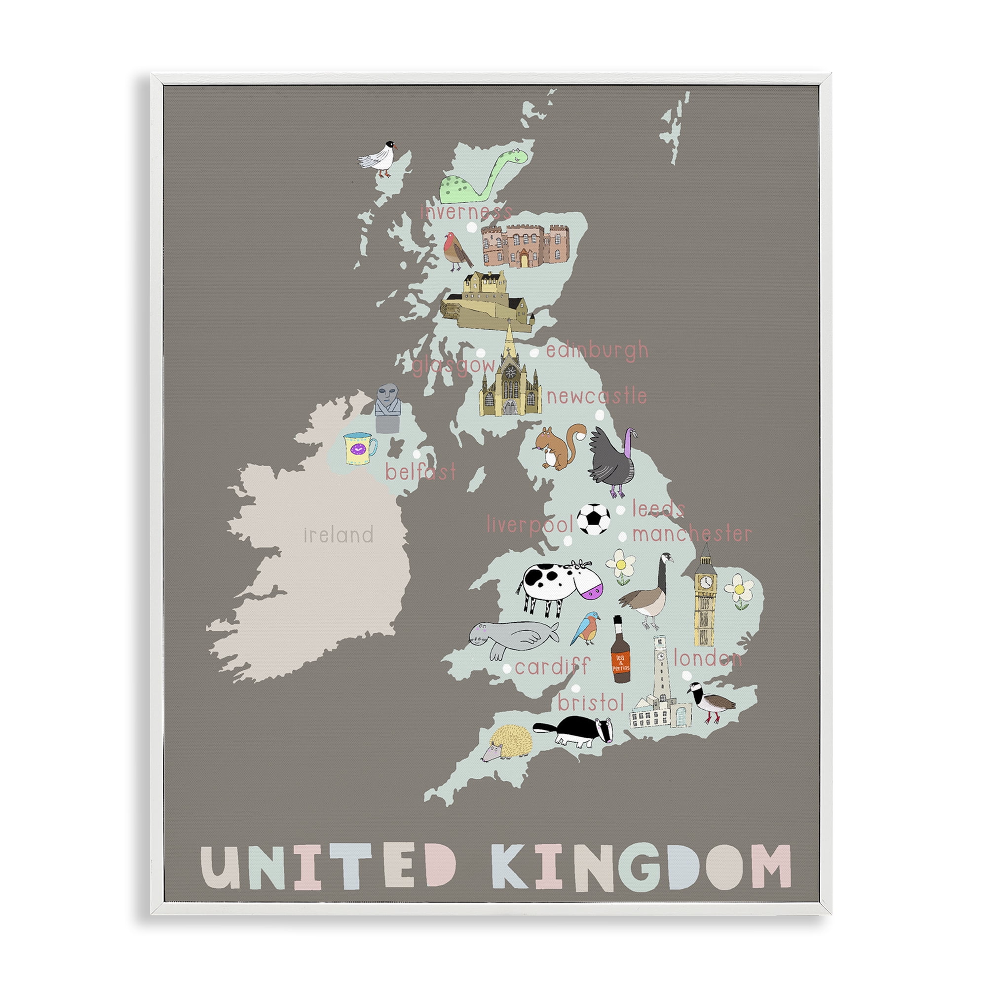 Kid's Map of United Kingdom White Framed Giclee Art, design by Carla Daly