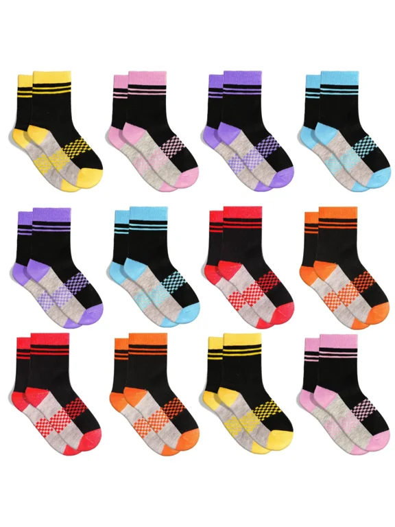 Kid's Mid-calf Socks, 12 Pairs of Comfortable and Stylish Patchwork Colour Socks for Boys and Girls 2-13 Years Old