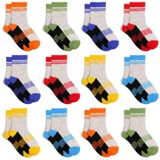 ELUTONG Kid's Mid-calf Socks, 12 Pairs of Comfortable and Stylish Patchwork Colour Socks for Boys and Girls 2-13 Years Old