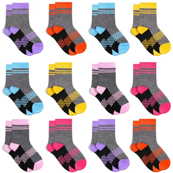 Kid's Mid-calf Socks, 12 Pairs of Comfortable and Stylish Patchwork Colour Socks for Boys and Girls 2-13 Years Old