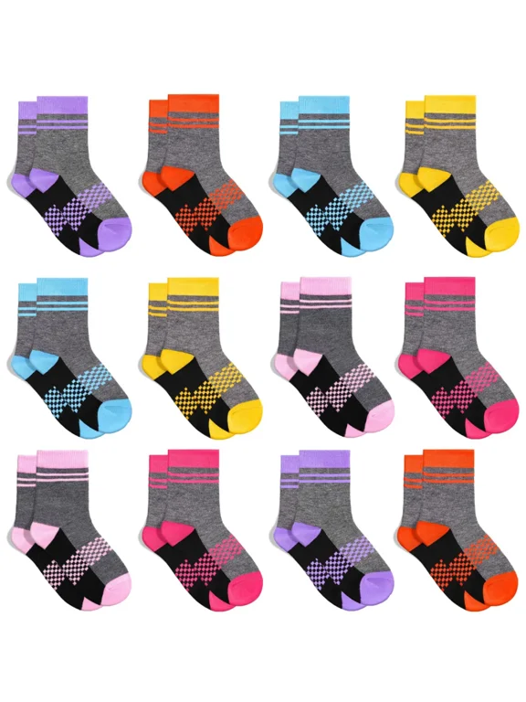 Kid's Mid-calf Socks, 12 Pairs of Comfortable and Stylish Patchwork Colour Socks for Boys and Girls 2-13 Years Old