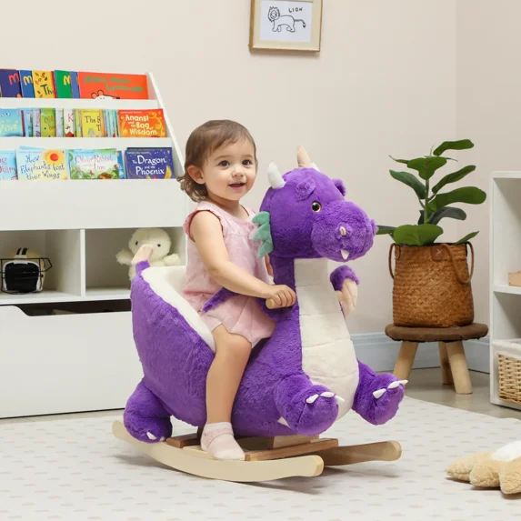 Kid's Plush Dragon Rocking Horse, Purple with Roaring Sounds 3-Point Safety Belt, Solid Wood Base 55 lbs Capacity for 12+ Months 18-36 Months Toddlers