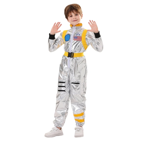 Kid's Silver Astronaut Costume Spacesuit Spaceman Jumpsuit Pilot Uniform Coverall Zipper Pockets Halloween Cosplay Outfit