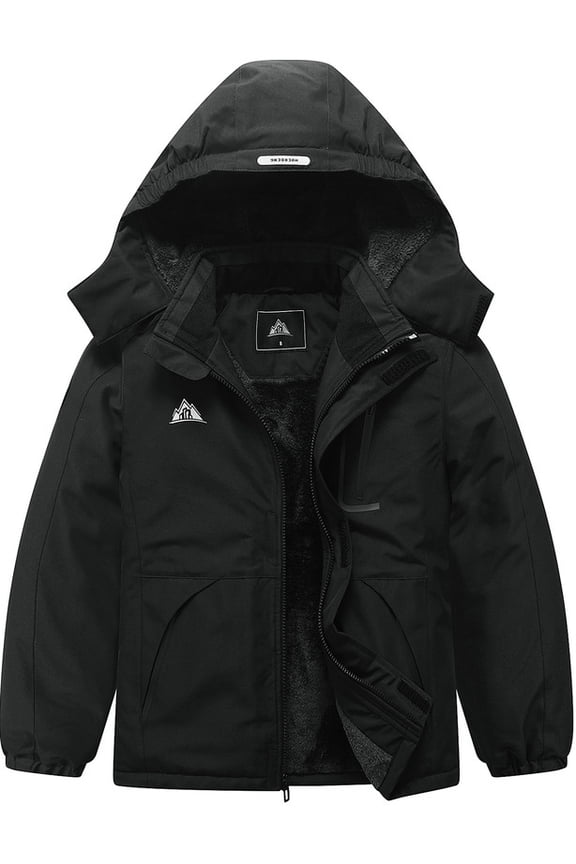 Kid's Ski Jacket Waterproof Winter Coat Boy's and Girl's Fleece Snowboarding Jackets with Detachable Hood, Black