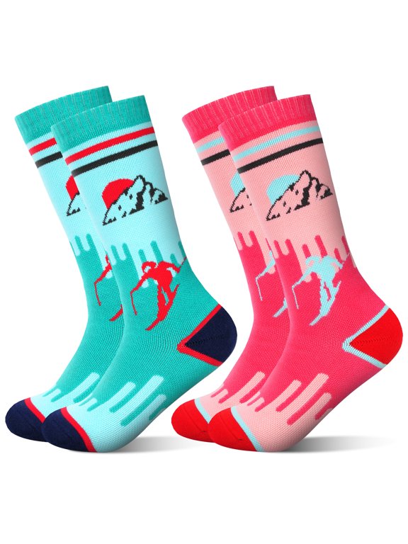 Kid's Ski Socks, 2 Pairs Long Thick Ski Socks with Featuring Snowman and Sunrise Patterns, Suitable for Boys' and Girls' Aged 3-12 Year